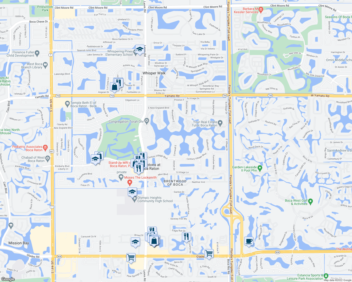 map of restaurants, bars, coffee shops, grocery stores, and more near 3081 Cornwall East in Boca Raton