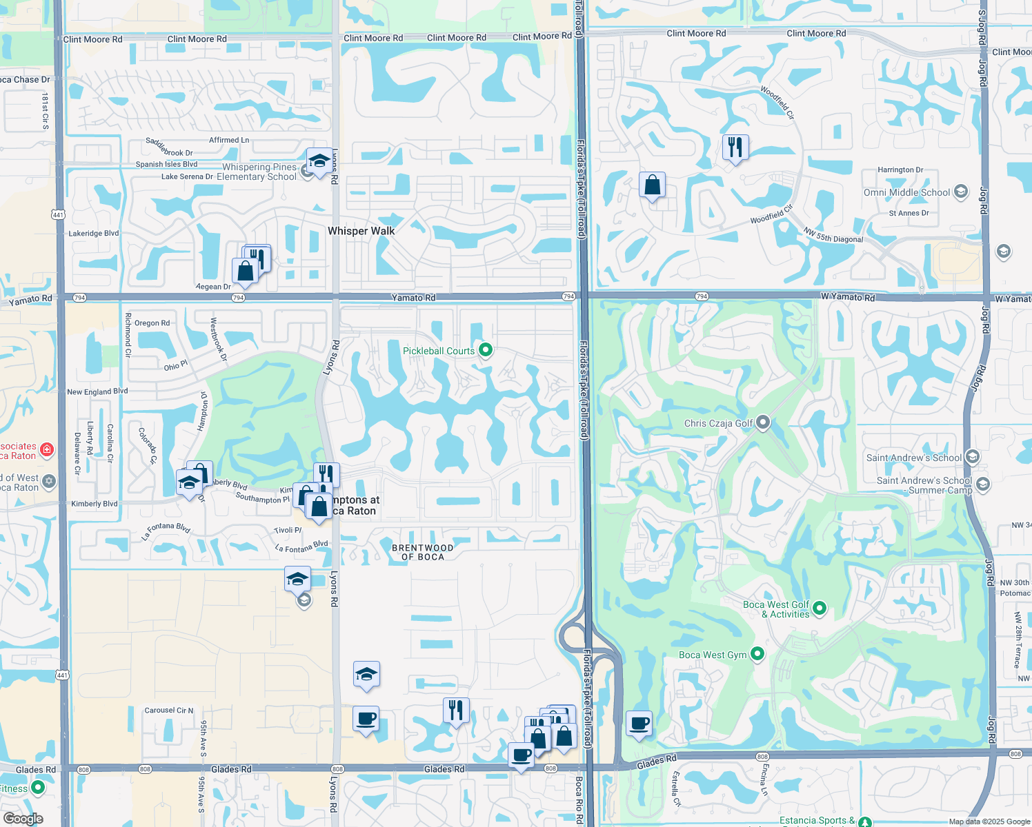 map of restaurants, bars, coffee shops, grocery stores, and more near 3005 Guildford East in Boca Raton