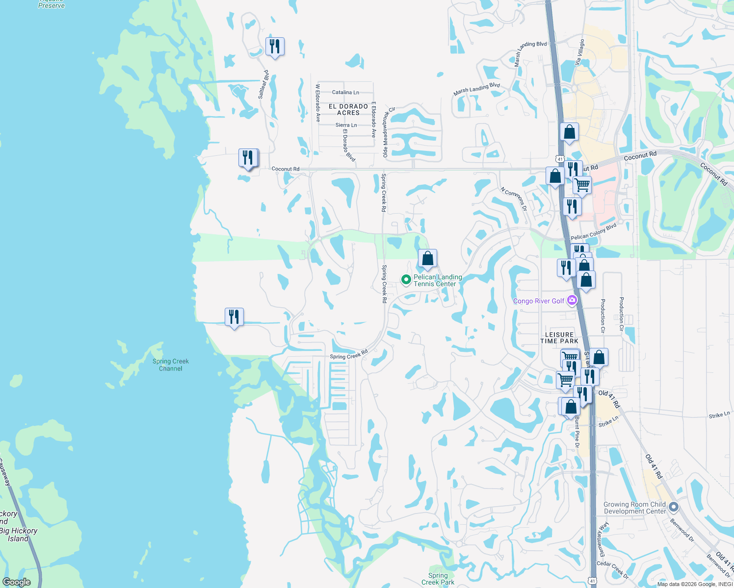 map of restaurants, bars, coffee shops, grocery stores, and more near 24241 Addison Place Court in Bonita Springs