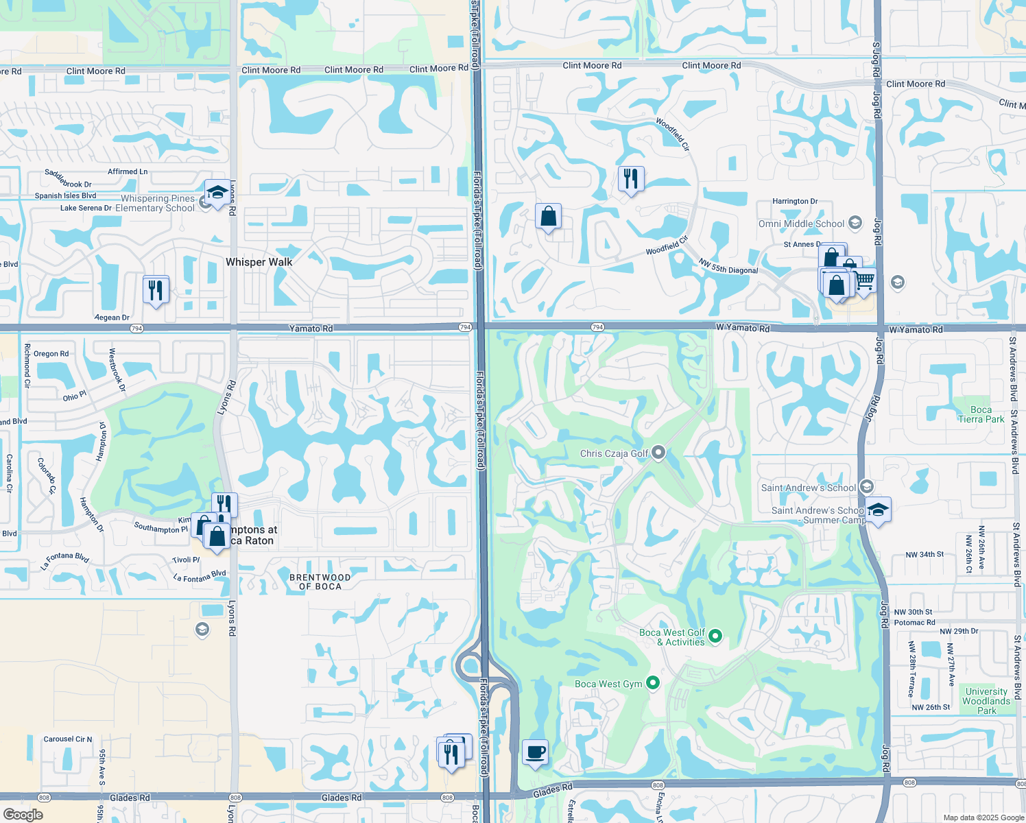 map of restaurants, bars, coffee shops, grocery stores, and more near 19483 Cedar Glen Drive in Boca Raton