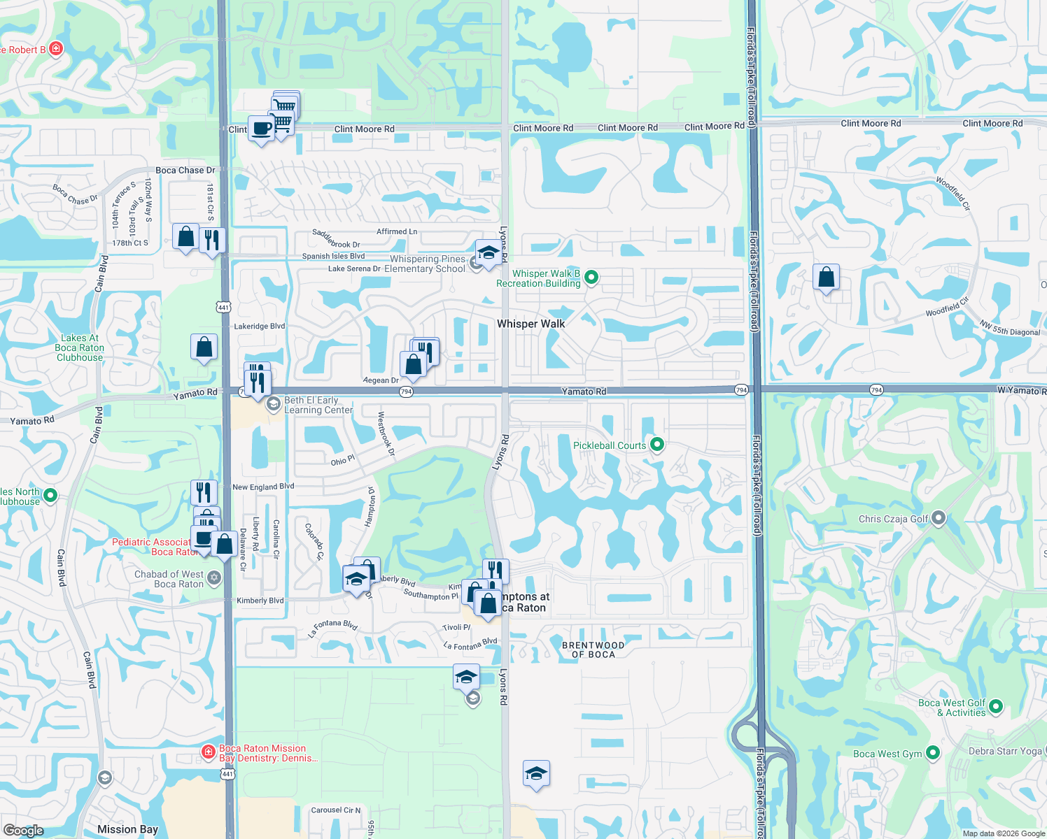 map of restaurants, bars, coffee shops, grocery stores, and more near 13 Suffolk A in Boca Raton