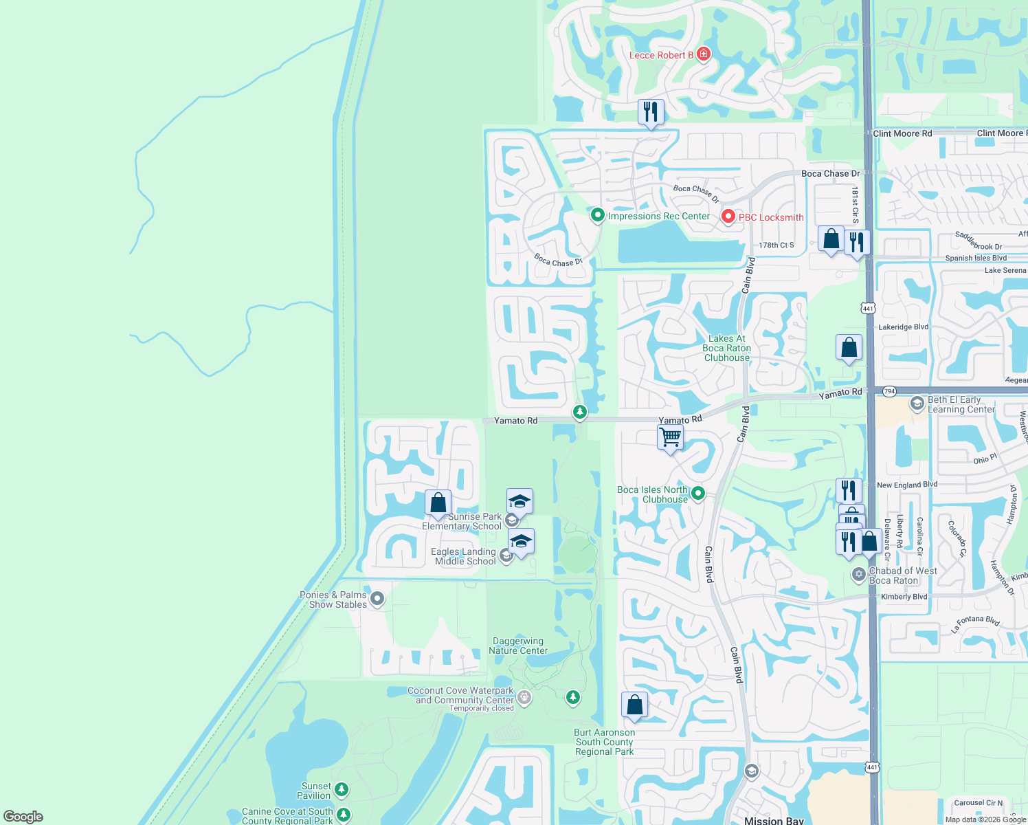 map of restaurants, bars, coffee shops, grocery stores, and more near 11387 Sea Grass Circle in Boca Raton
