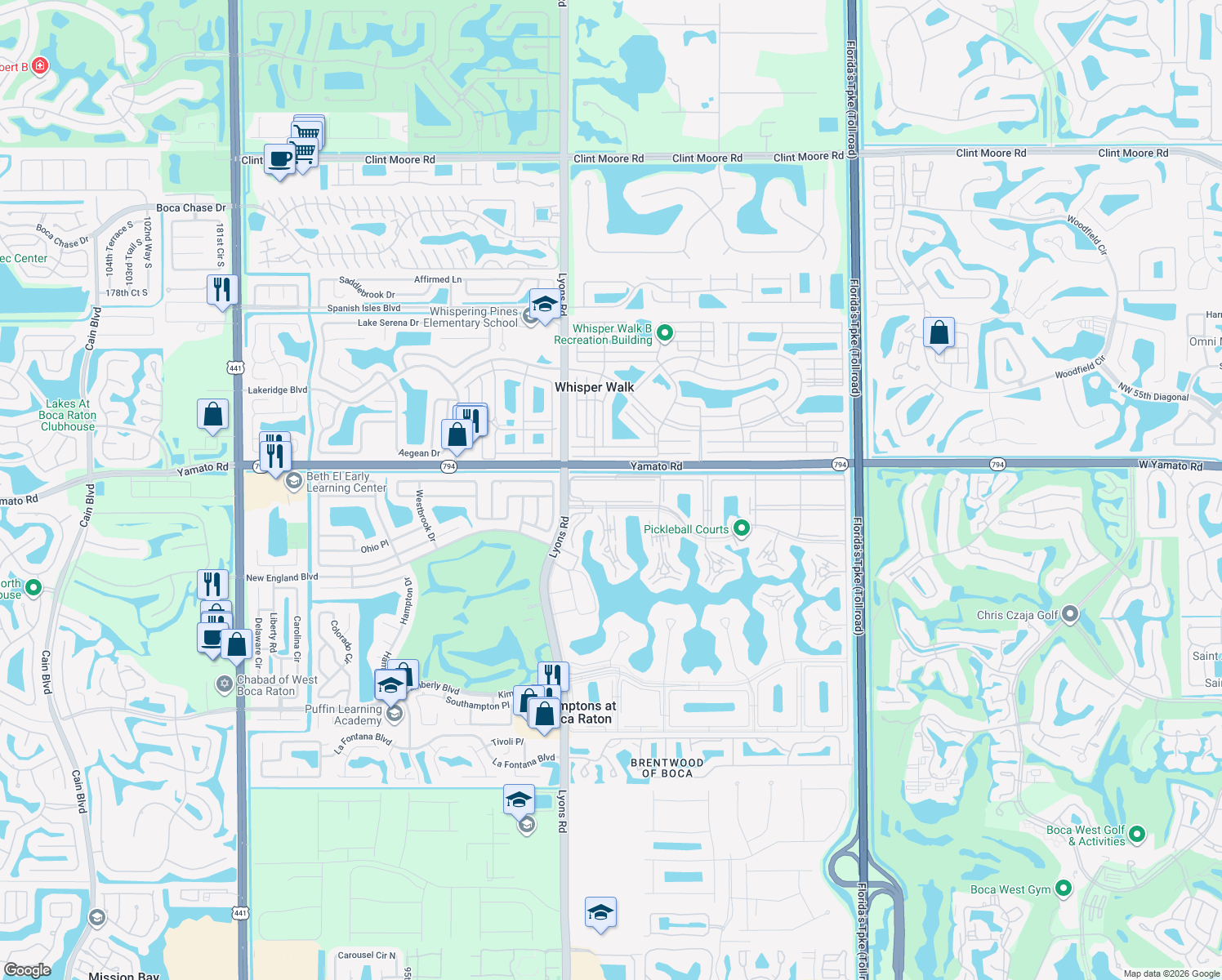 map of restaurants, bars, coffee shops, grocery stores, and more near 156 Suffolk F in Boca Raton