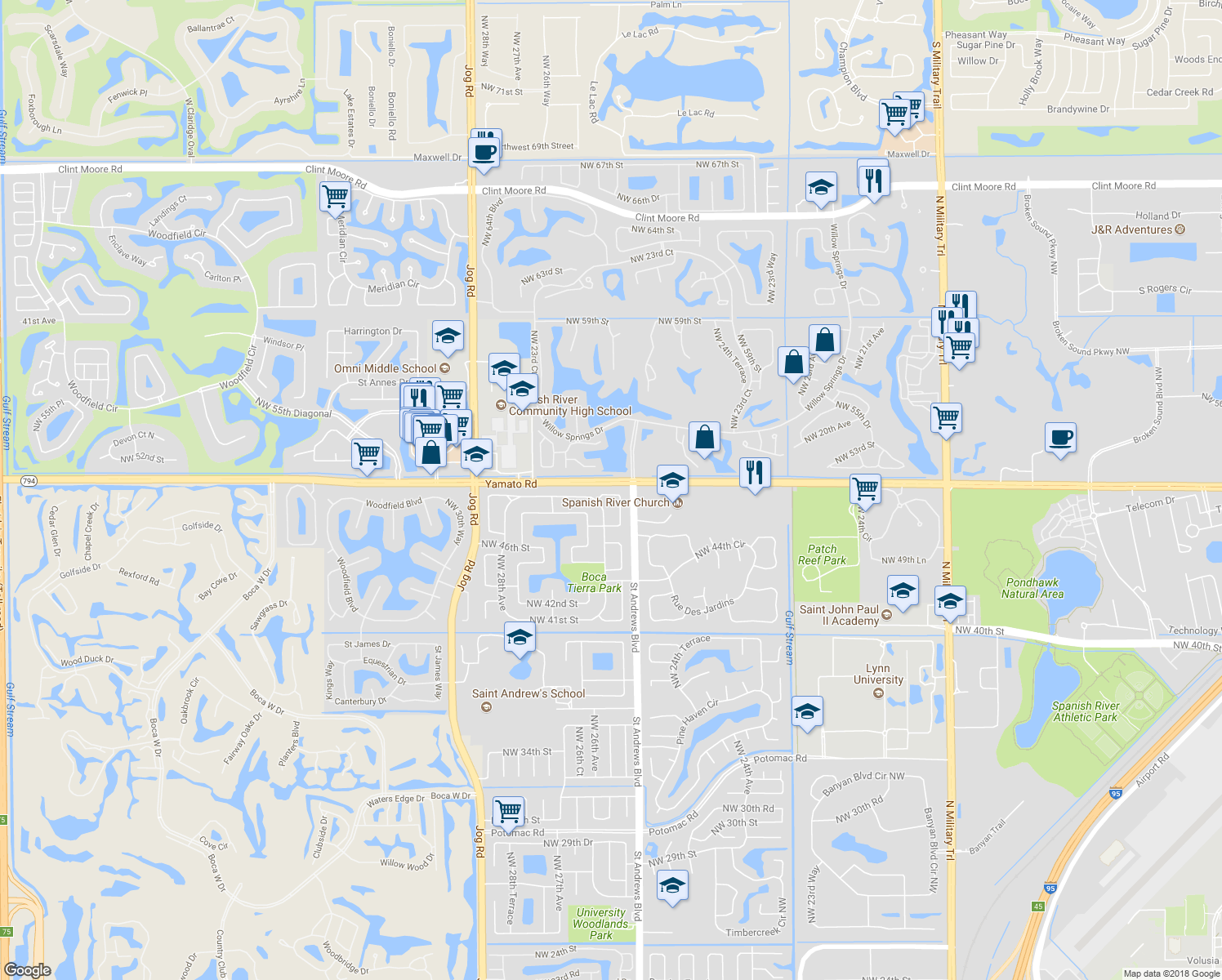 map of restaurants, bars, coffee shops, grocery stores, and more near 2525 Northwest 49th Street in Boca Raton