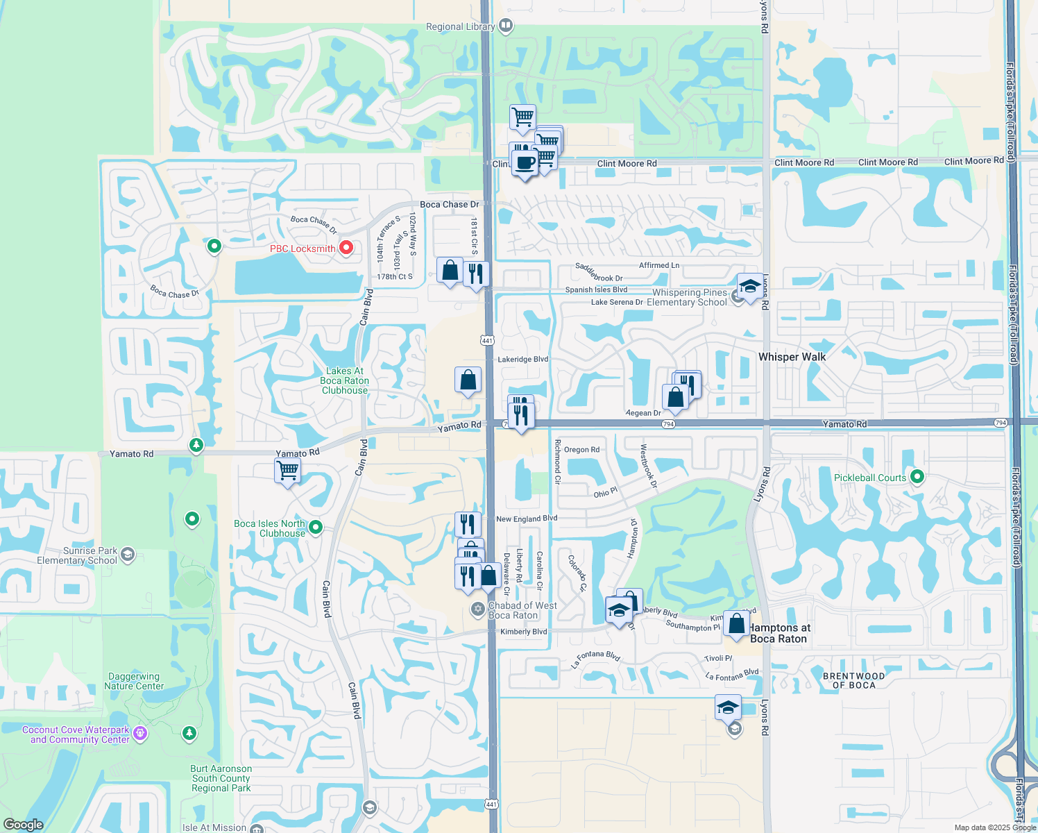 map of restaurants, bars, coffee shops, grocery stores, and more near 18909 Cloud Lake Circle in Boca Raton