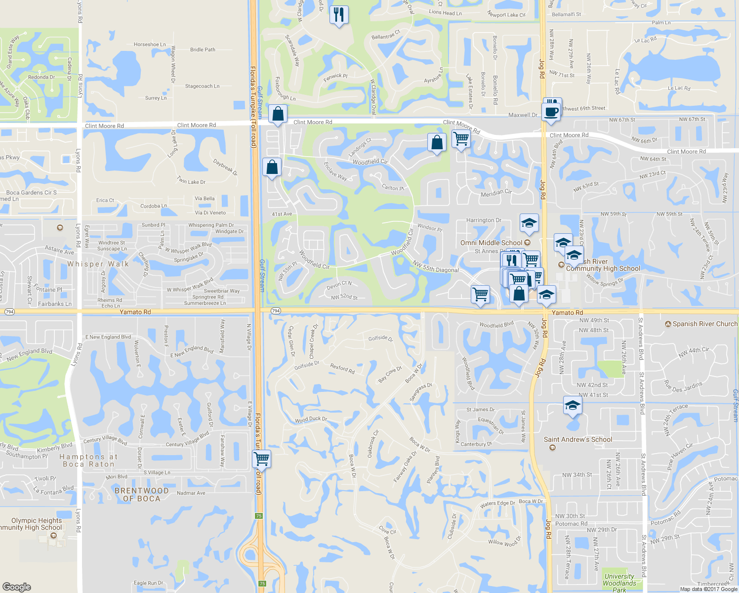 map of restaurants, bars, coffee shops, grocery stores, and more near 3712 Northwest 52nd Street in Boca Raton