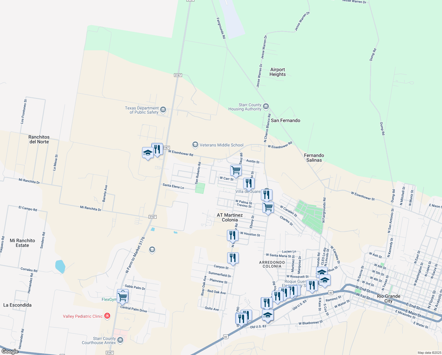 map of restaurants, bars, coffee shops, grocery stores, and more near 305 West Carr Street in Rio Grande City