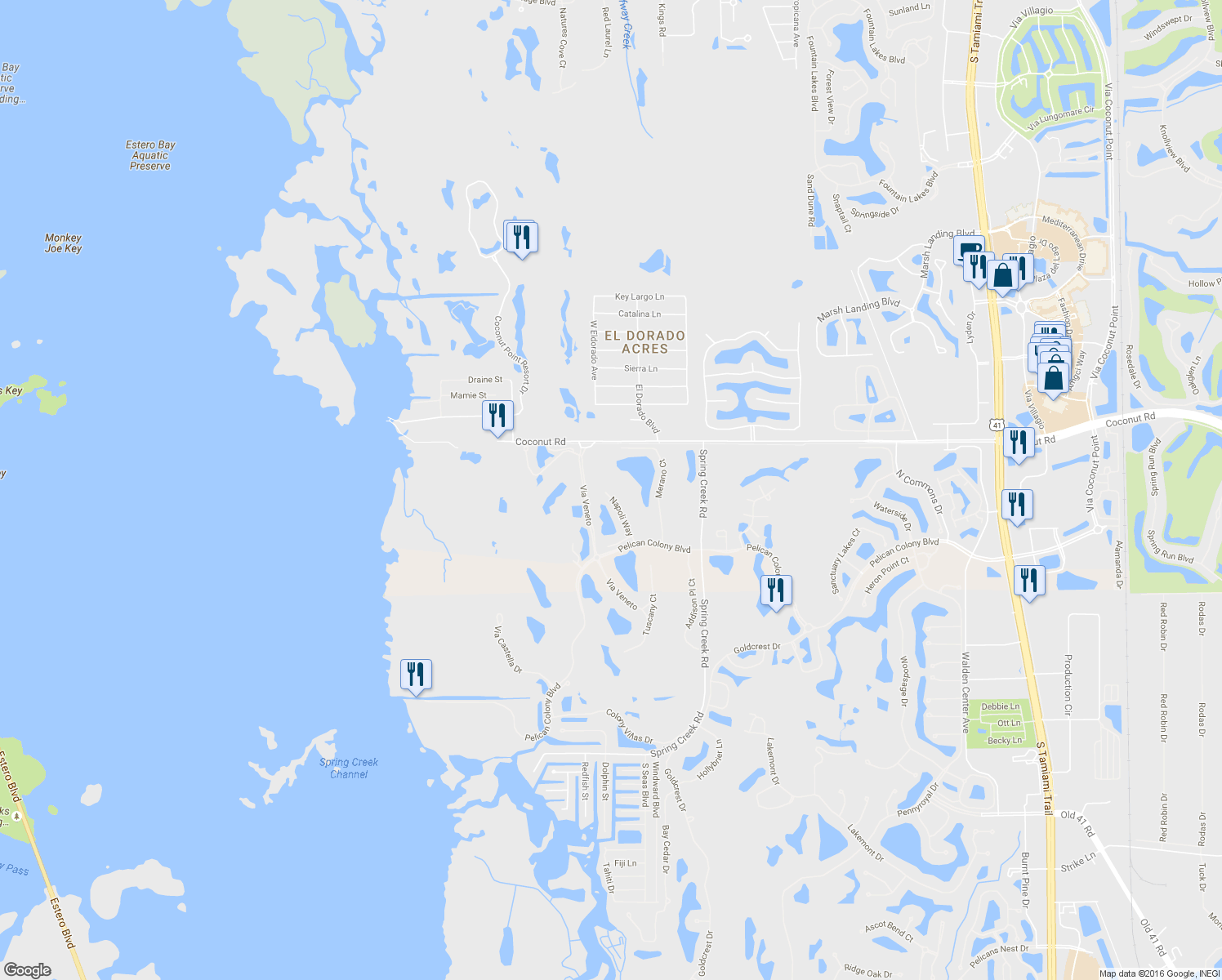 map of restaurants, bars, coffee shops, grocery stores, and more near 23731 Napoli Way in Bonita Springs