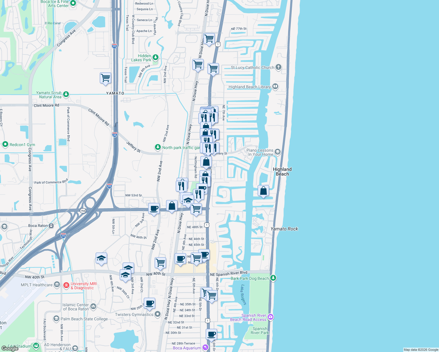 map of restaurants, bars, coffee shops, grocery stores, and more near 5545 Northeast Trieste Way in Boca Raton