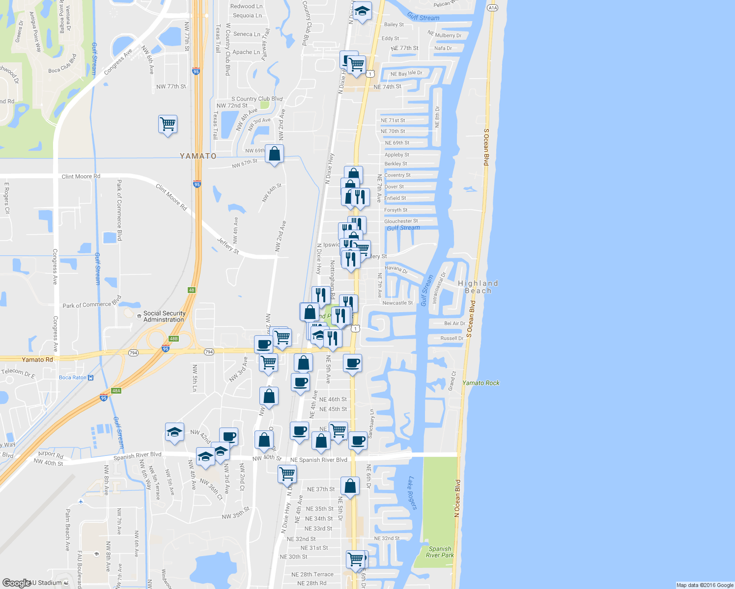 map of restaurants, bars, coffee shops, grocery stores, and more near 660 Northeast Francesca Lane in Boca Raton