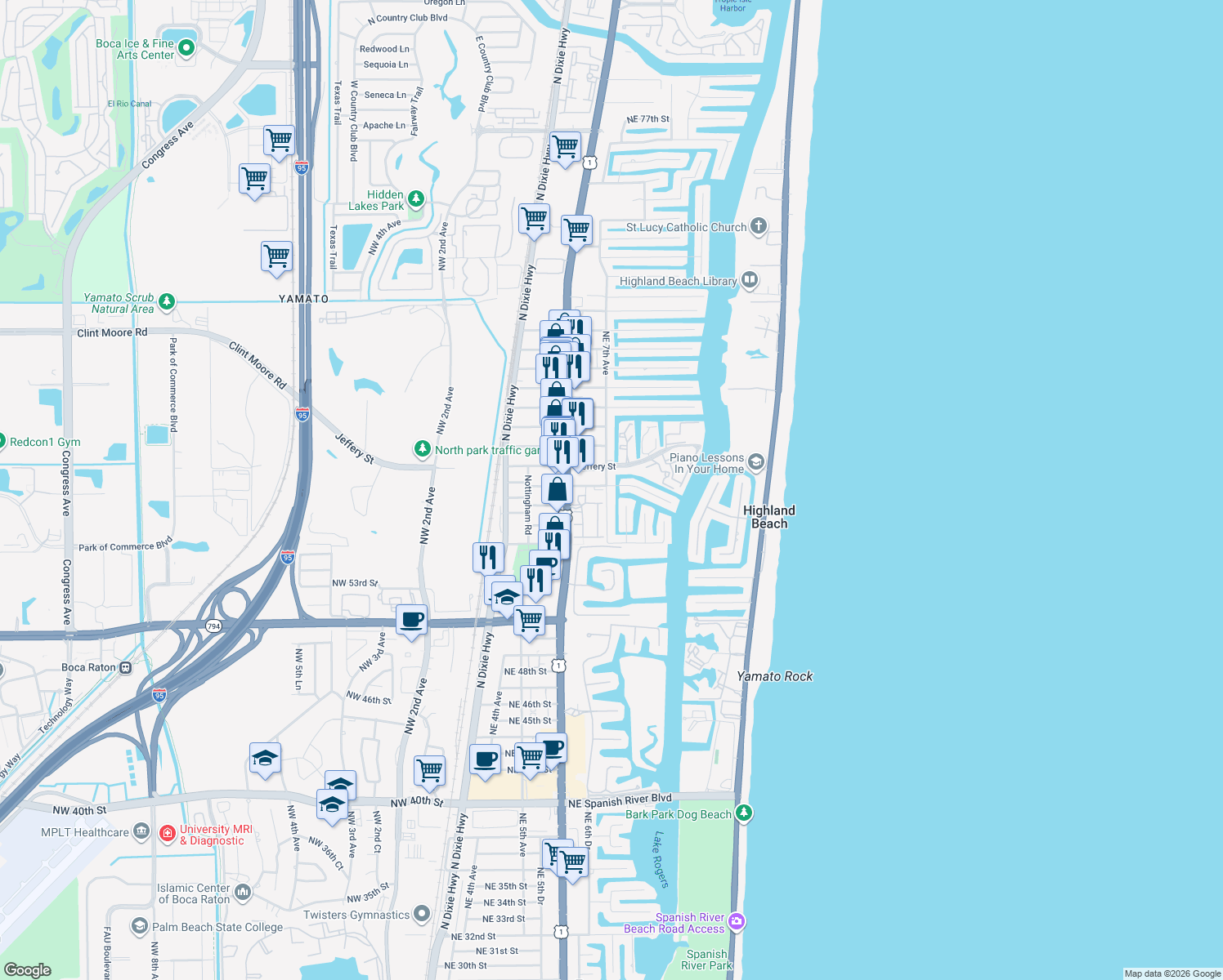map of restaurants, bars, coffee shops, grocery stores, and more near 5798 Northeast 7th Avenue in Boca Raton