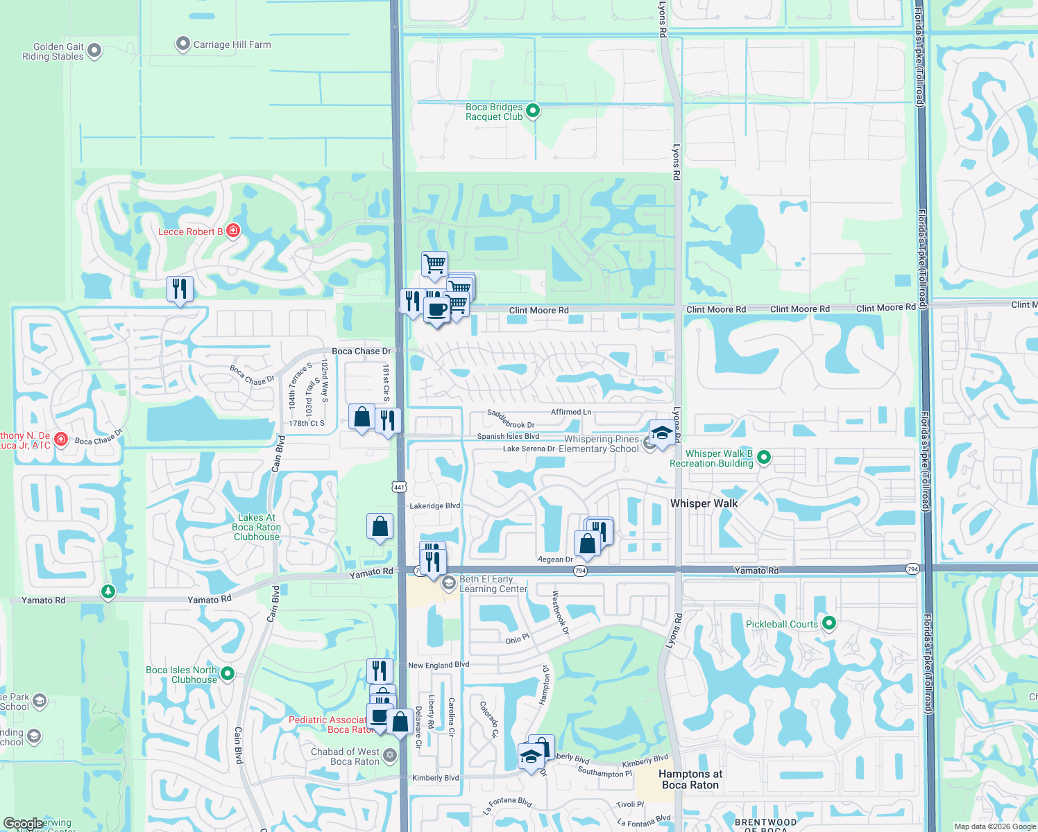 map of restaurants, bars, coffee shops, grocery stores, and more near 9522 Affirmed Lane in Boca Raton
