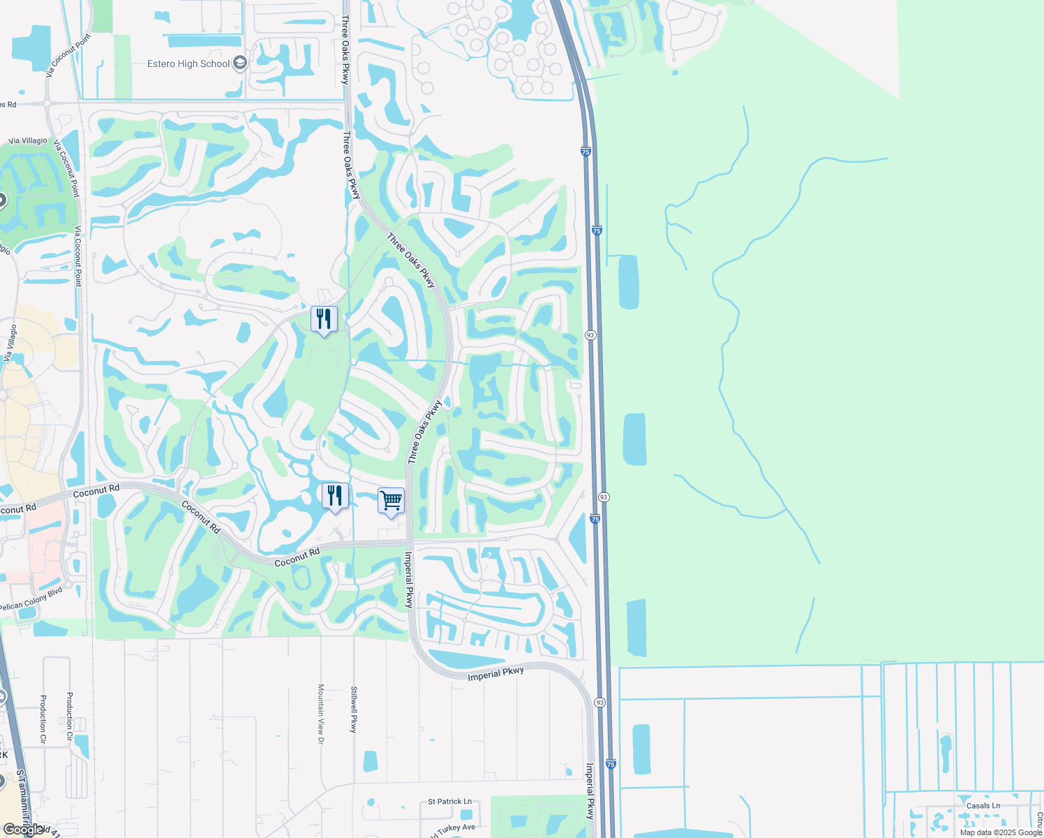 map of restaurants, bars, coffee shops, grocery stores, and more near 23501 Caraway Lakes Drive in Bonita Springs