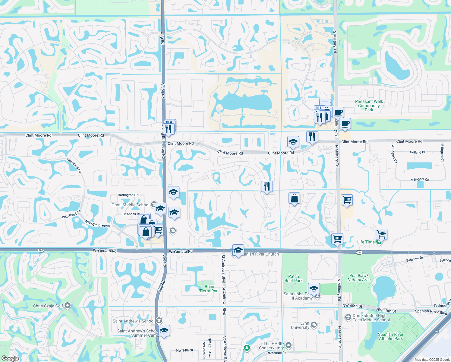 map of restaurants, bars, coffee shops, grocery stores, and more near 6179 Northwest 24th Terrace in Boca Raton