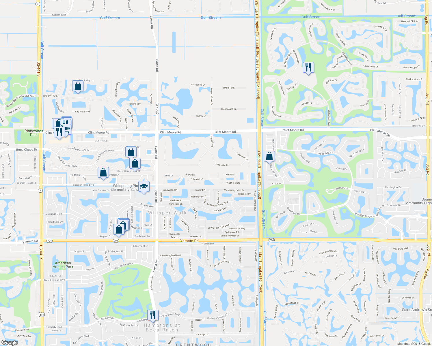 map of restaurants, bars, coffee shops, grocery stores, and more near 8521 Vía Romana in Boca Raton