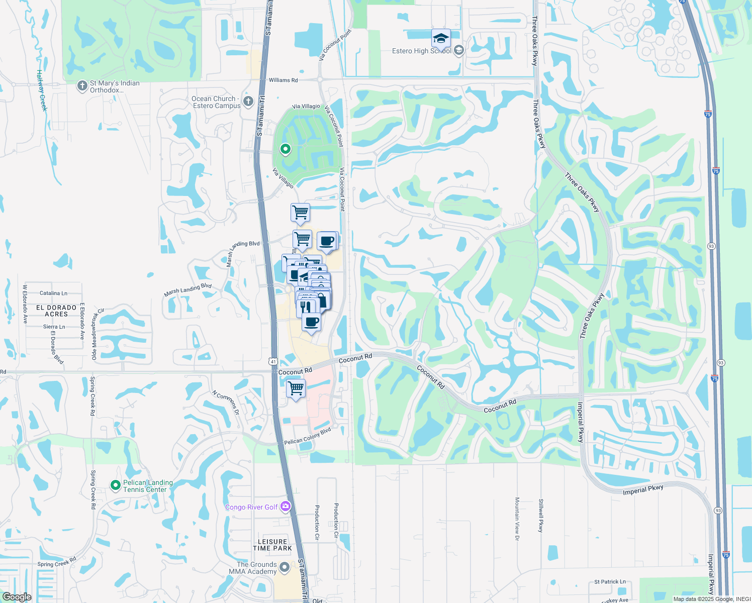 map of restaurants, bars, coffee shops, grocery stores, and more near 23024 Tree Crest Court in Bonita Springs