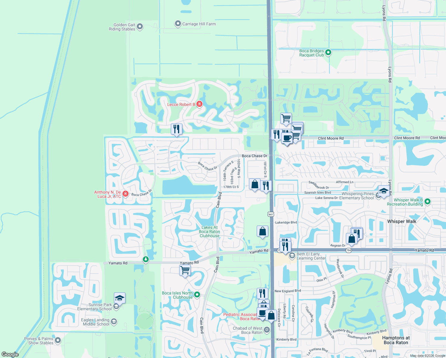 map of restaurants, bars, coffee shops, grocery stores, and more near 18337 104th Terrace South in Boca Raton