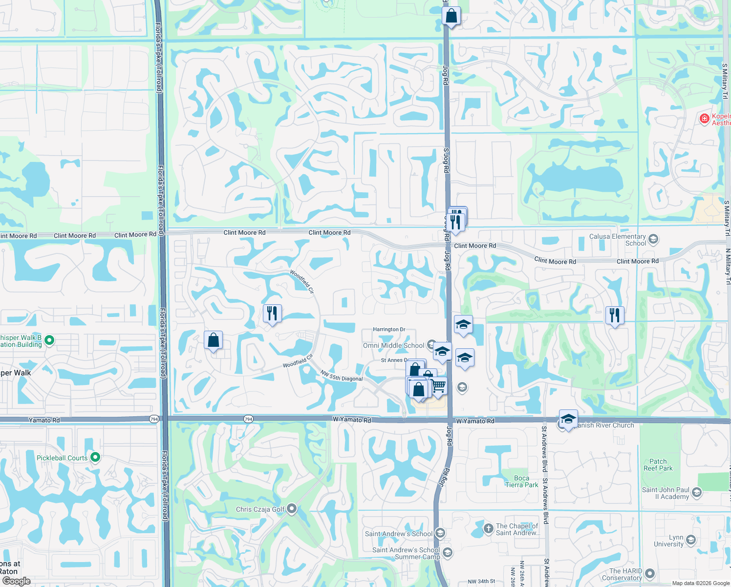 map of restaurants, bars, coffee shops, grocery stores, and more near 6175 Northwest 32nd Avenue in Boca Raton