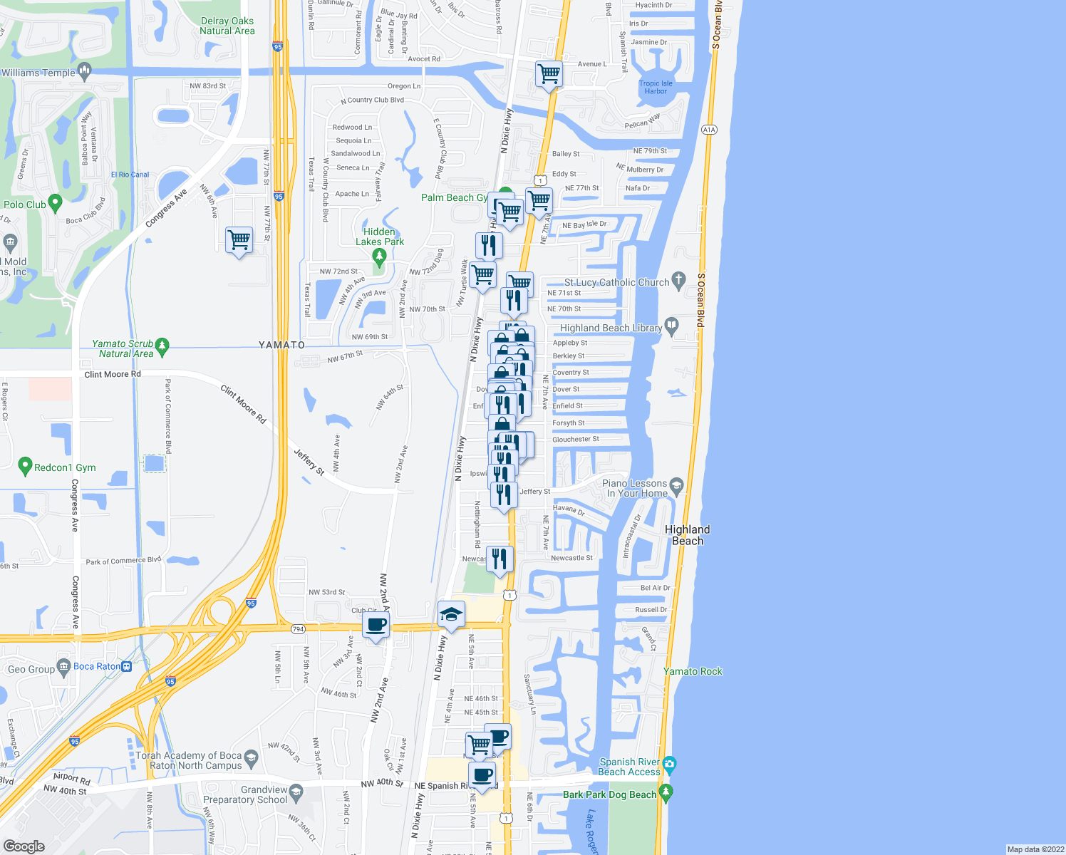 map of restaurants, bars, coffee shops, grocery stores, and more near 660 Forsyth Street in Boca Raton