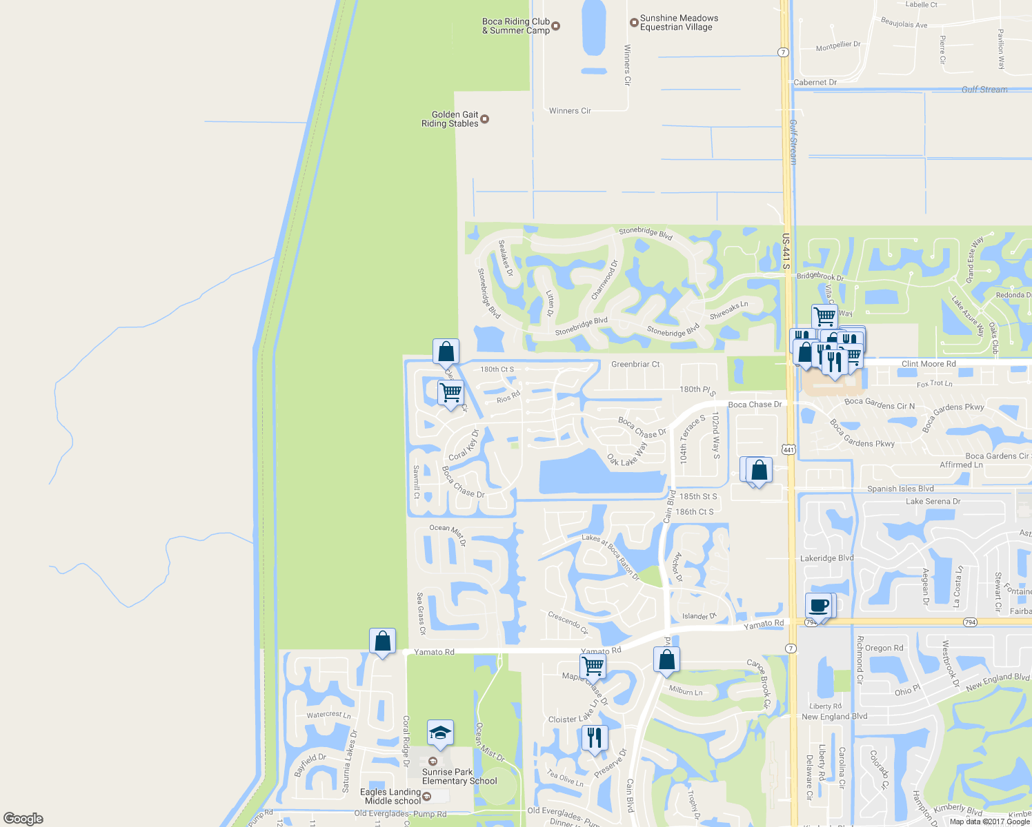 map of restaurants, bars, coffee shops, grocery stores, and more near 11062 Autoro Court in Boca Raton