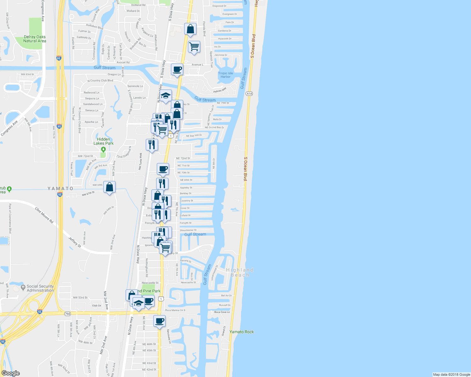 map of restaurants, bars, coffee shops, grocery stores, and more near 3632 South Ocean Boulevard in Highland Beach