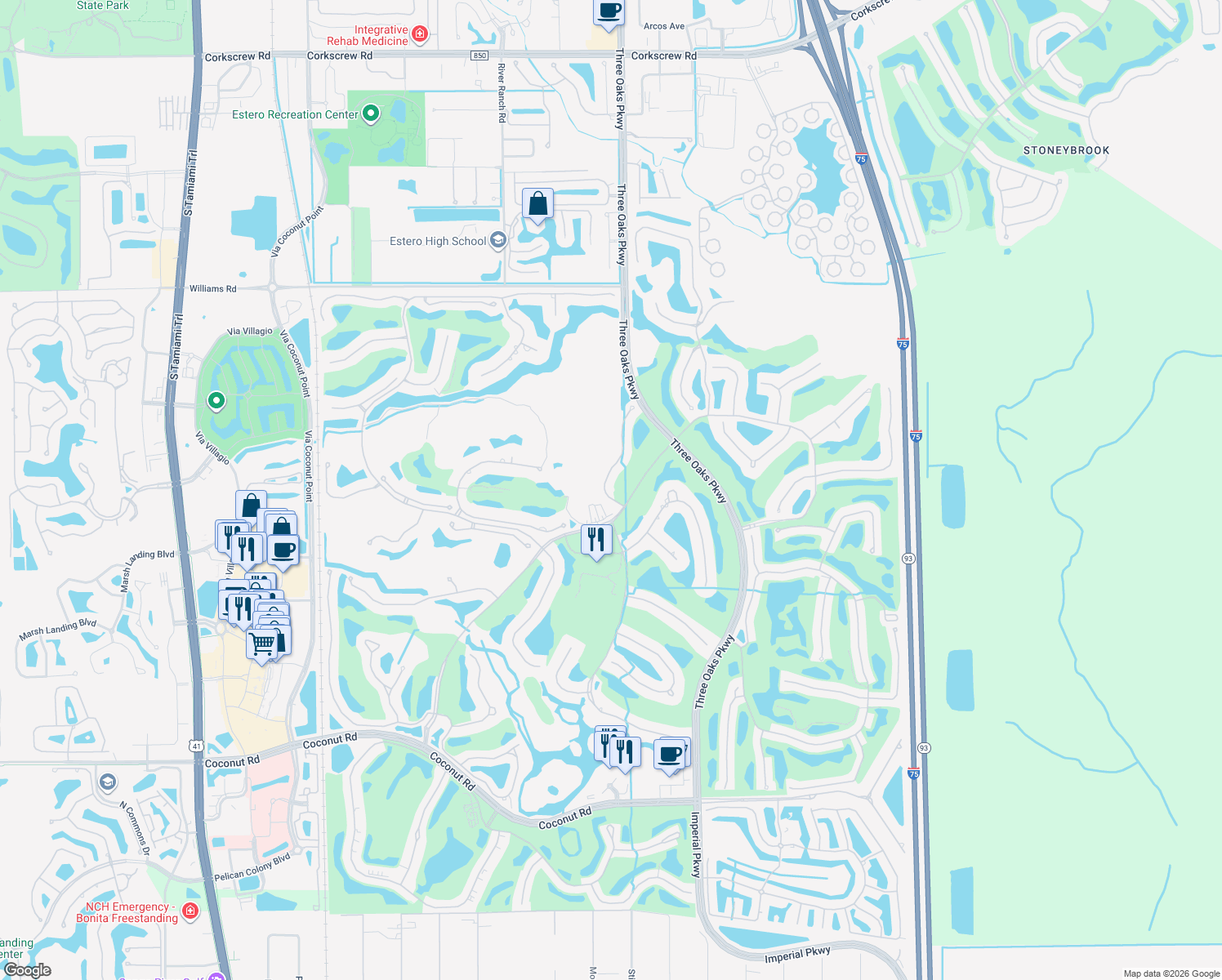 map of restaurants, bars, coffee shops, grocery stores, and more near 22561 Glenview Lane in Bonita Springs