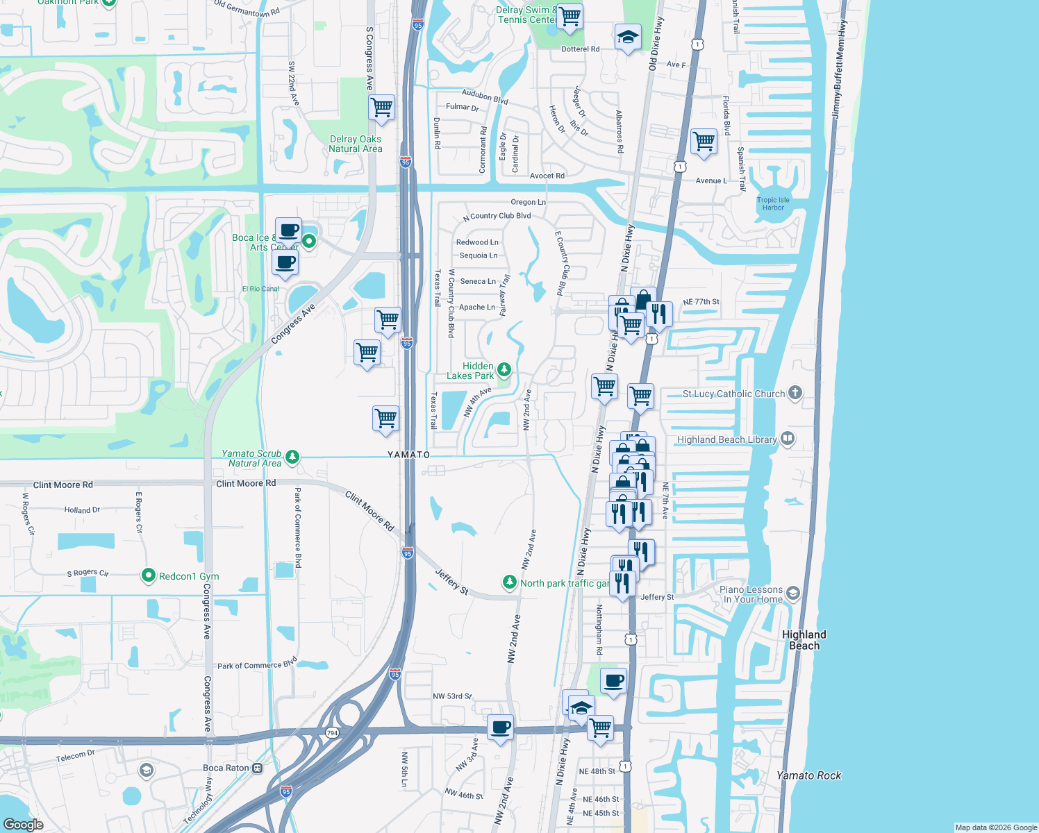map of restaurants, bars, coffee shops, grocery stores, and more near 7055 Northwest 2nd Terrace in Boca Raton