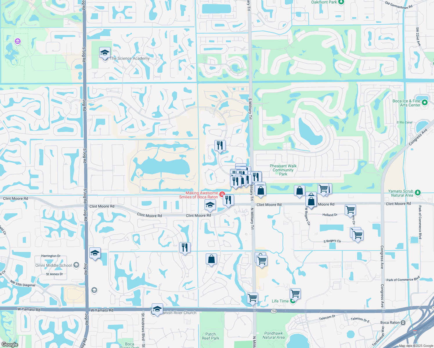 map of restaurants, bars, coffee shops, grocery stores, and more near 17746 Deauville Lane in Boca Raton
