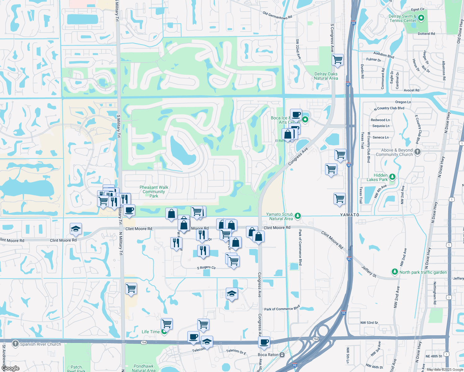 map of restaurants, bars, coffee shops, grocery stores, and more near 4120 Cedar Creek Road in Boca Raton