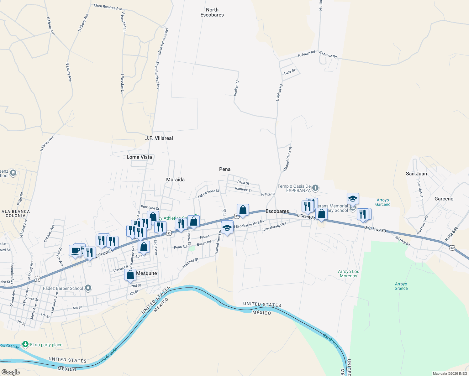 map of restaurants, bars, coffee shops, grocery stores, and more near 3222 Ramirez Street in Roma