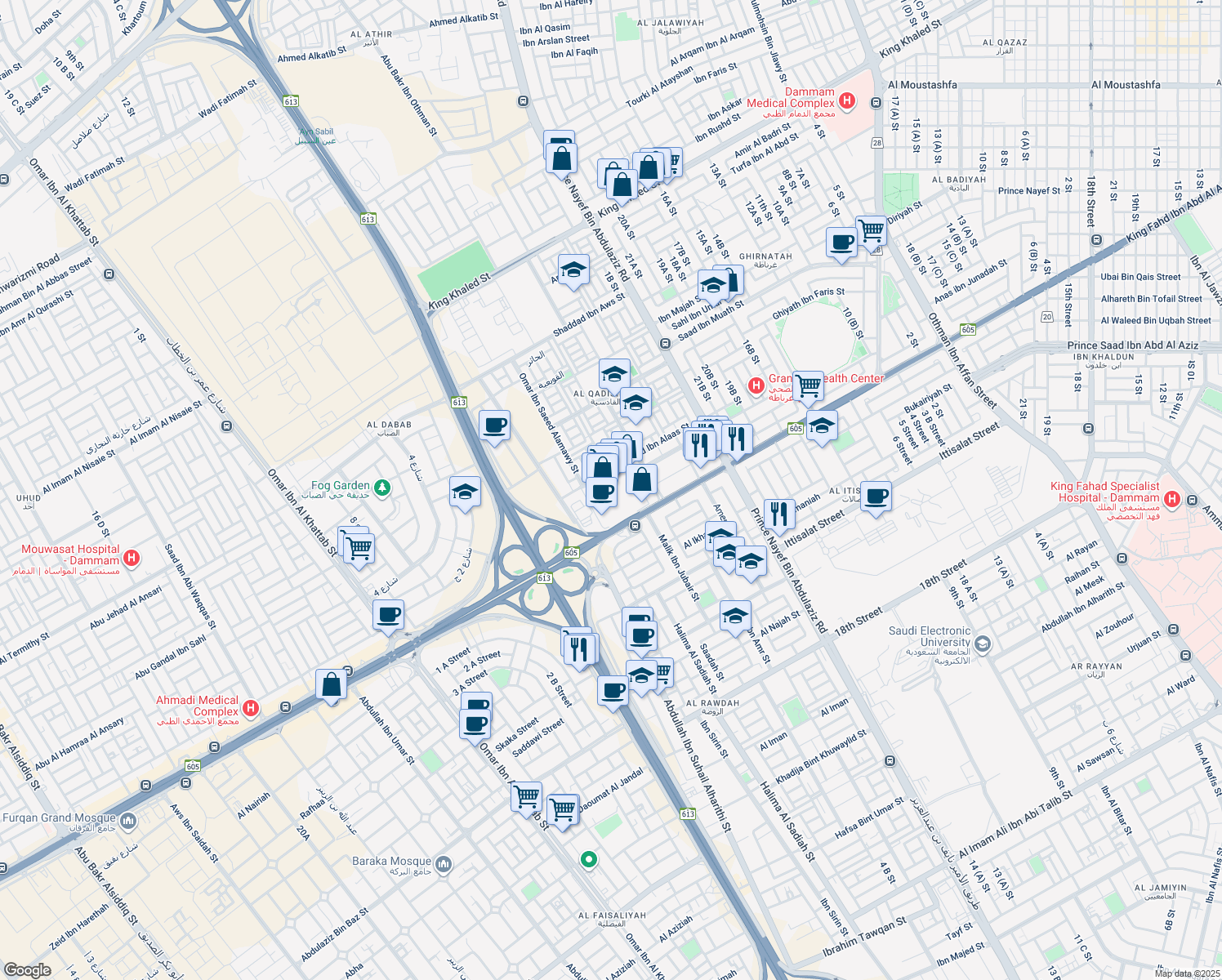 map of restaurants, bars, coffee shops, grocery stores, and more near King Fahd Road in Dammam