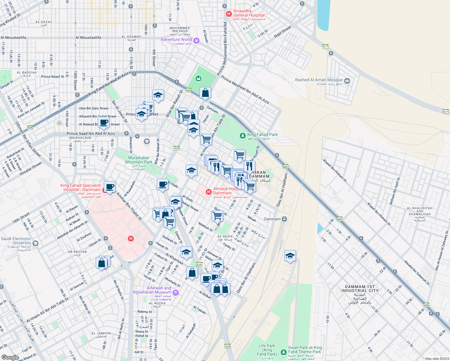 map of restaurants, bars, coffee shops, grocery stores, and more near Fatema Al Zahra Street in Dammam
