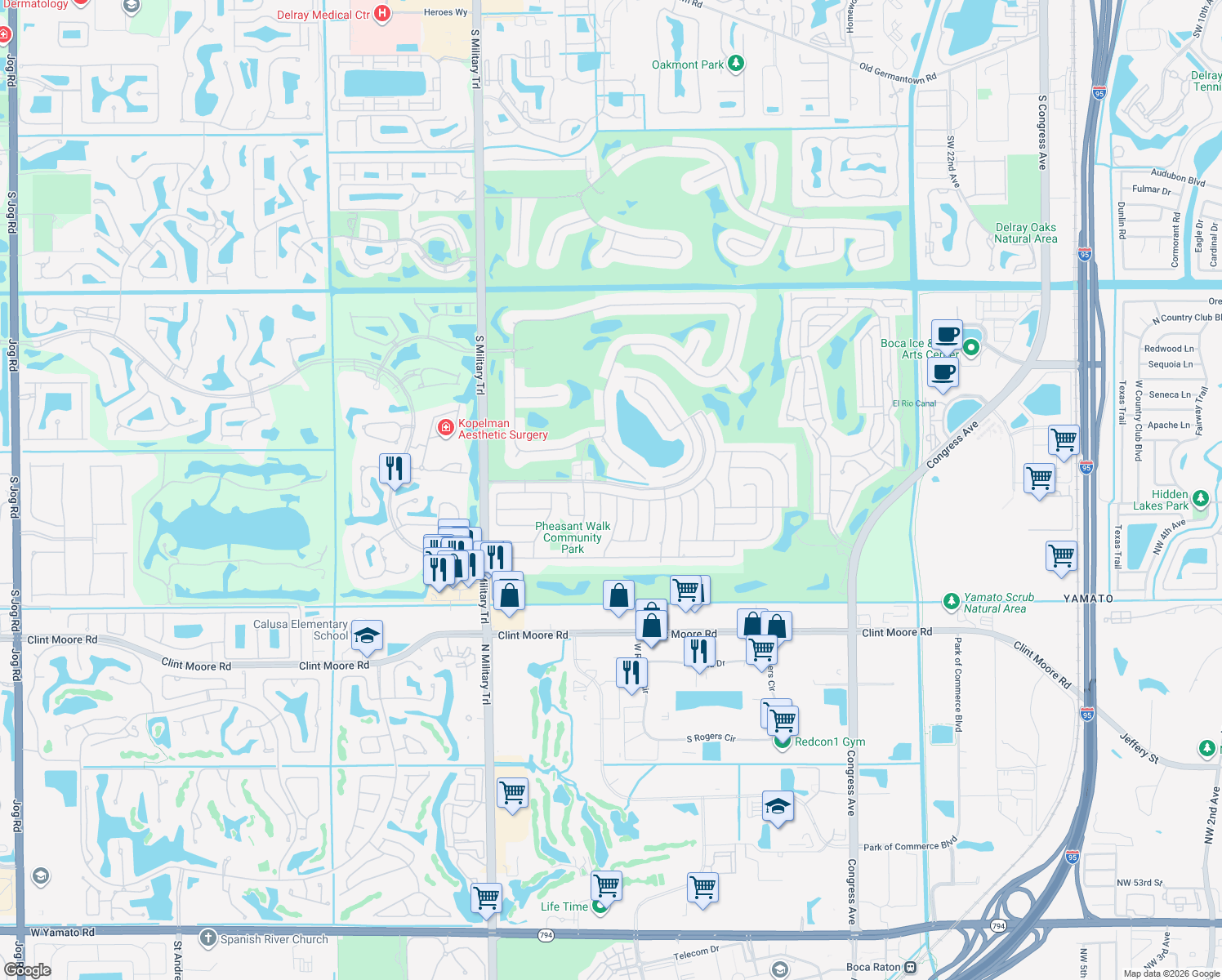 map of restaurants, bars, coffee shops, grocery stores, and more near 4593 Sugar Pine Drive in Boca Raton