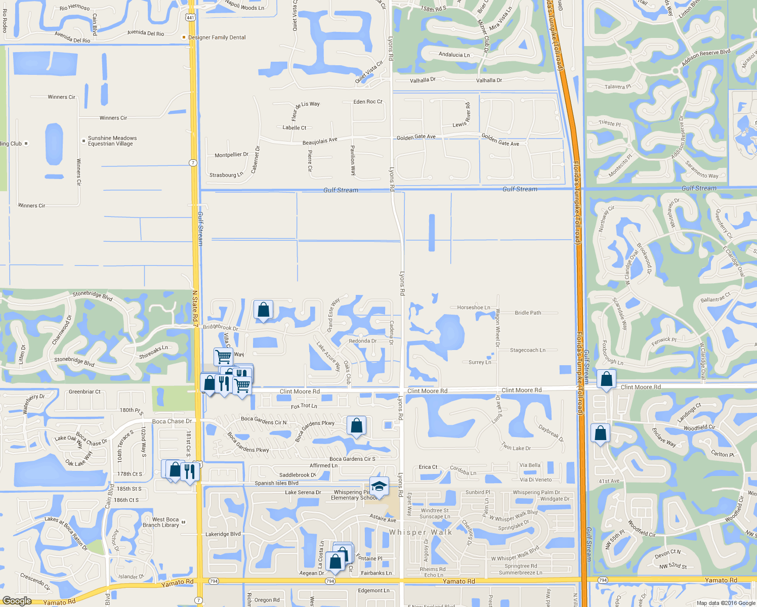 map of restaurants, bars, coffee shops, grocery stores, and more near 17575 Cadena Drive in Boca Raton