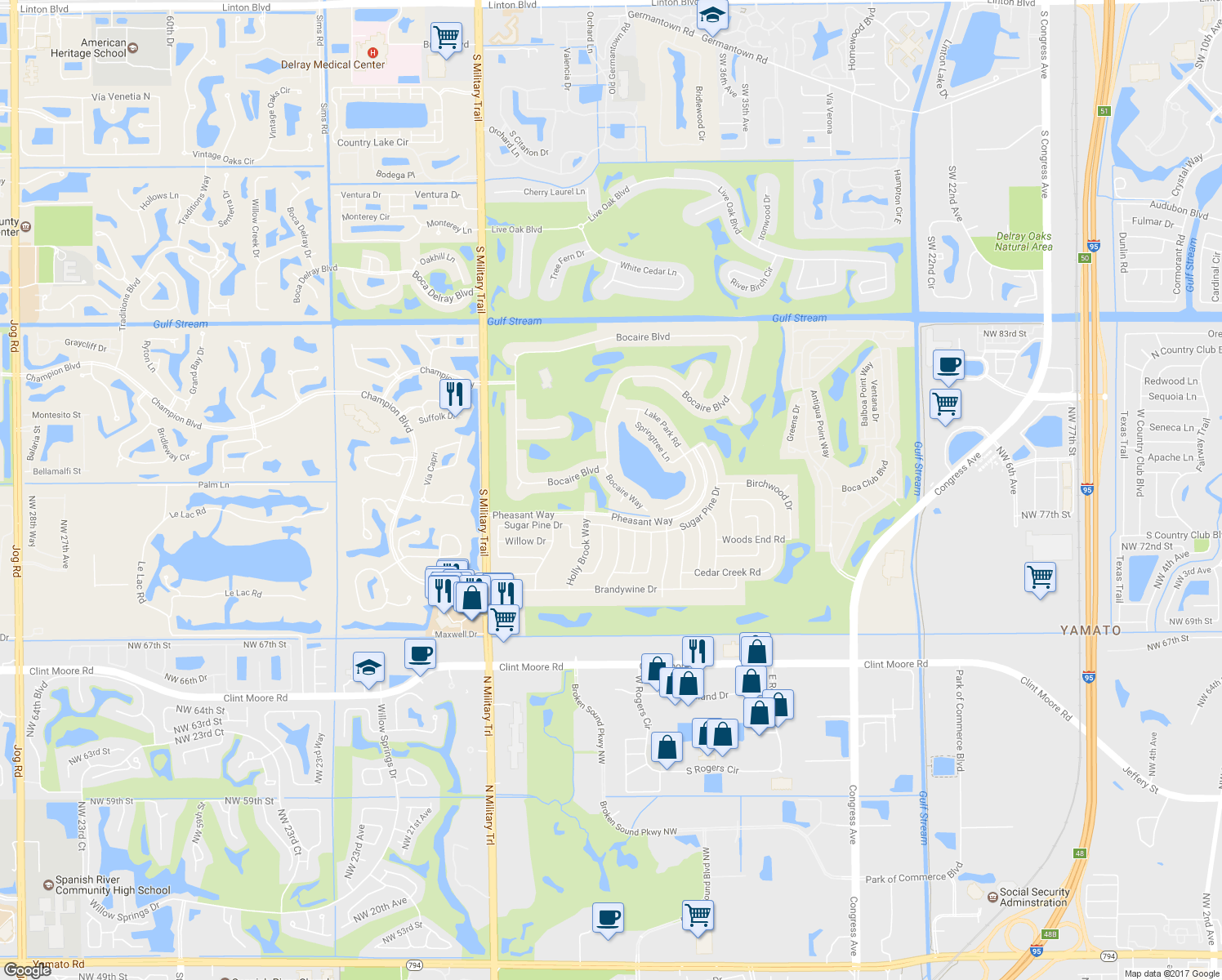 map of restaurants, bars, coffee shops, grocery stores, and more near 17571 Bocaire Way in Boca Raton