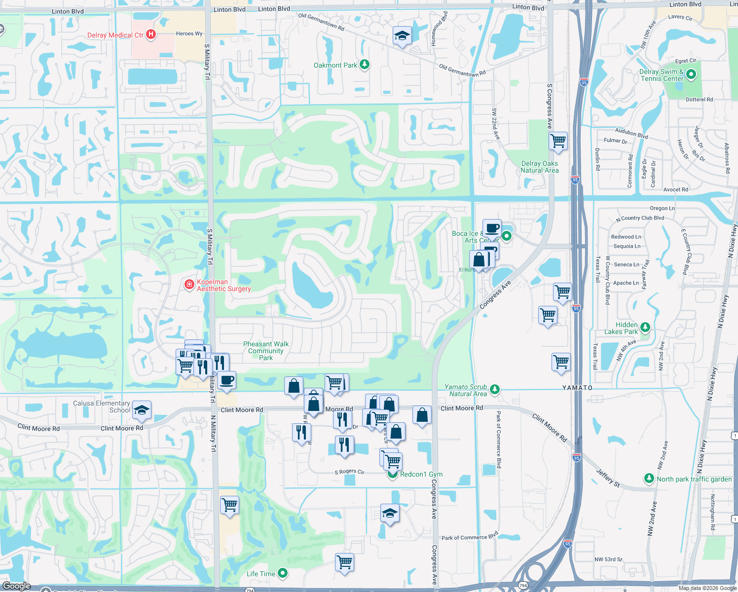 map of restaurants, bars, coffee shops, grocery stores, and more near 4205 Birchwood Drive in Boca Raton