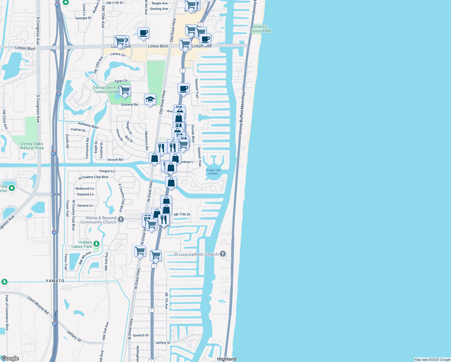 map of restaurants, bars, coffee shops, grocery stores, and more near 663 Pelican Way in Delray Beach