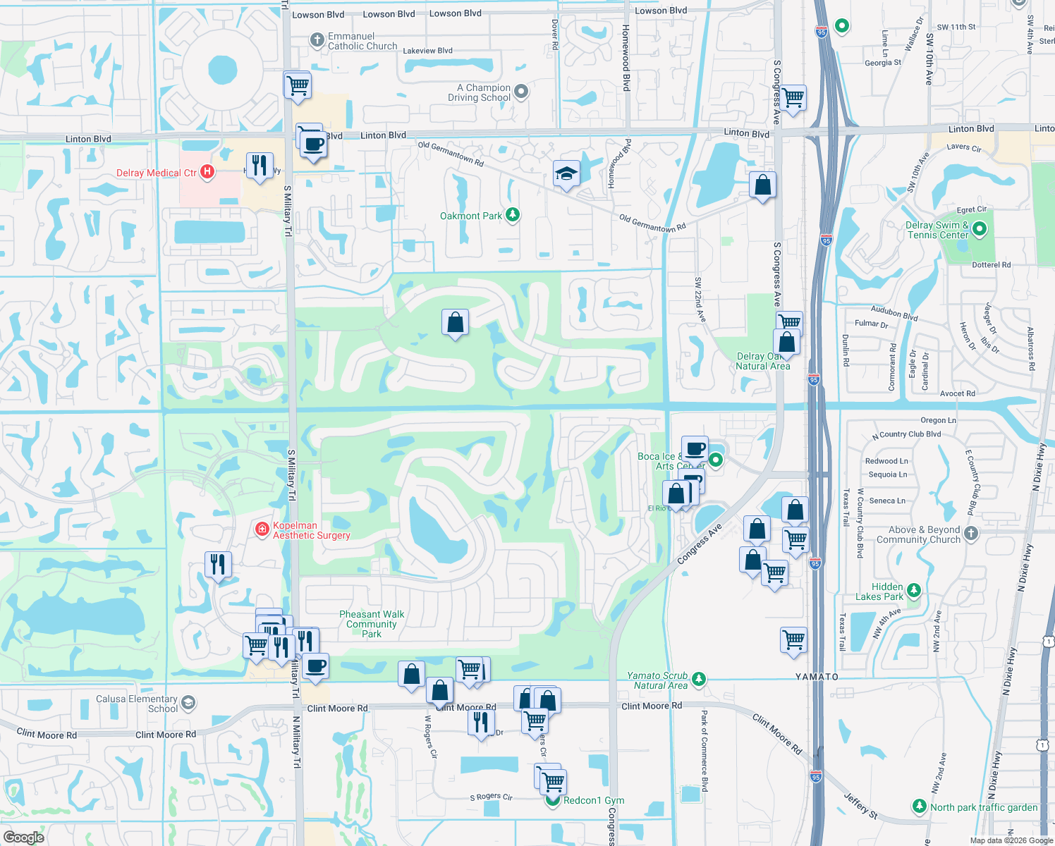map of restaurants, bars, coffee shops, grocery stores, and more near 4364 Kasso Circle in Boca Raton