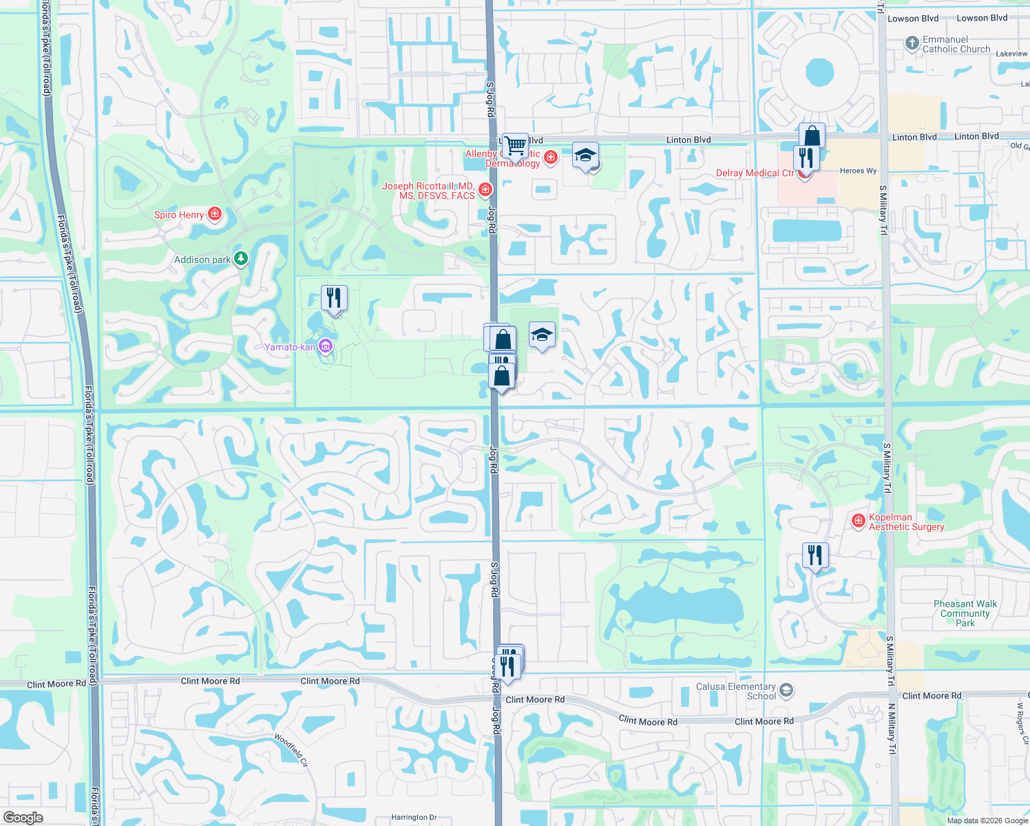 map of restaurants, bars, coffee shops, grocery stores, and more near 6166 Island Walk in Boca Raton