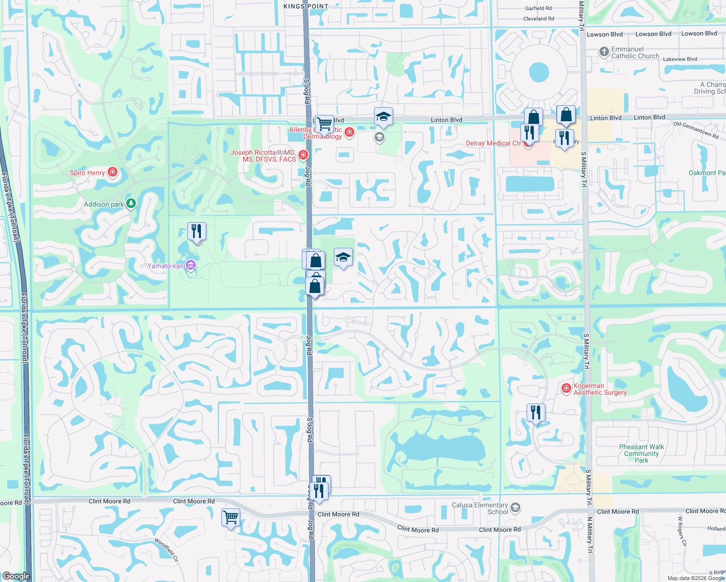 map of restaurants, bars, coffee shops, grocery stores, and more near 6237 San Michel Way in Delray Beach