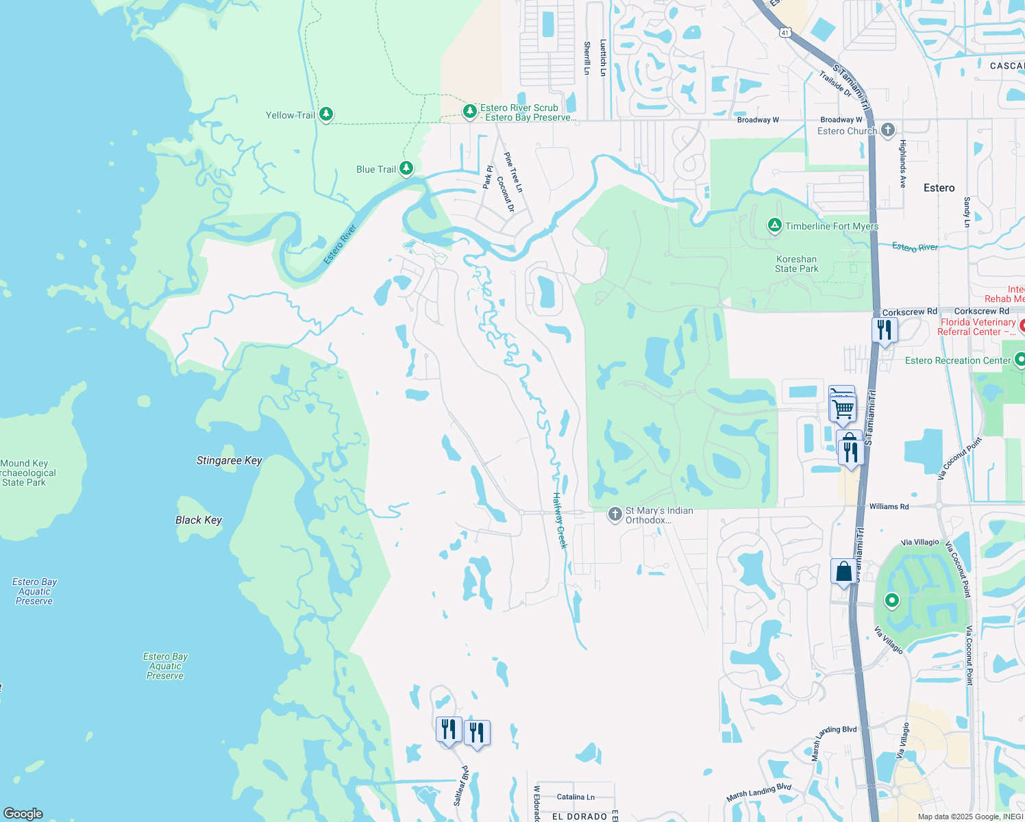map of restaurants, bars, coffee shops, grocery stores, and more near 20210 Chapel Trce in Estero