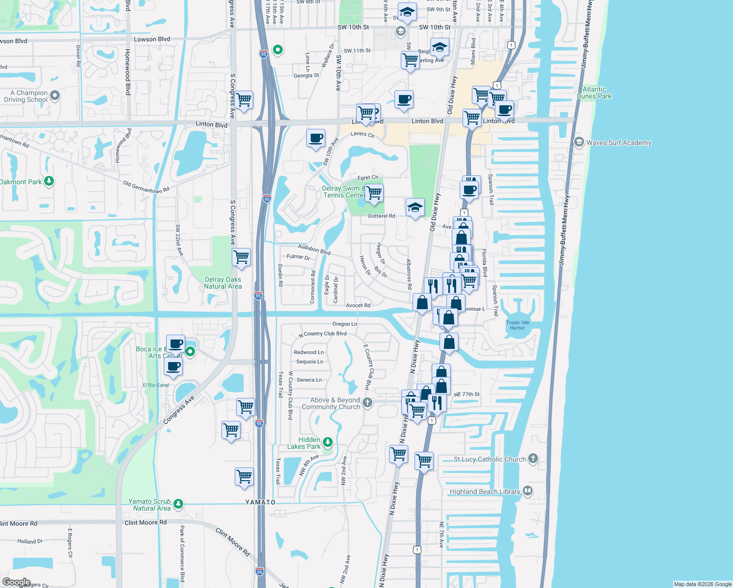 map of restaurants, bars, coffee shops, grocery stores, and more near 803 Bluebird Drive in Delray Beach