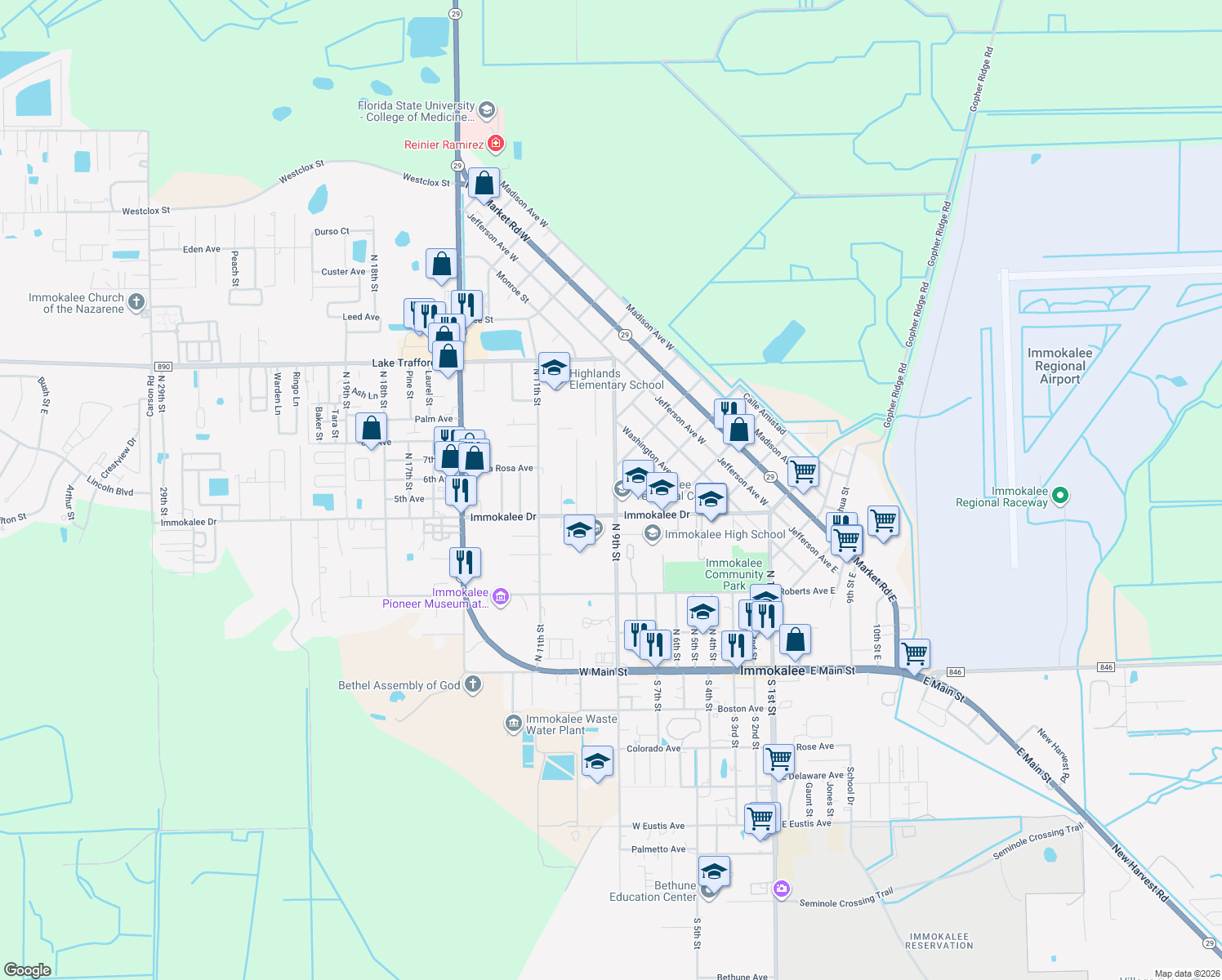 map of restaurants, bars, coffee shops, grocery stores, and more near 587 North 9th Street in Immokalee