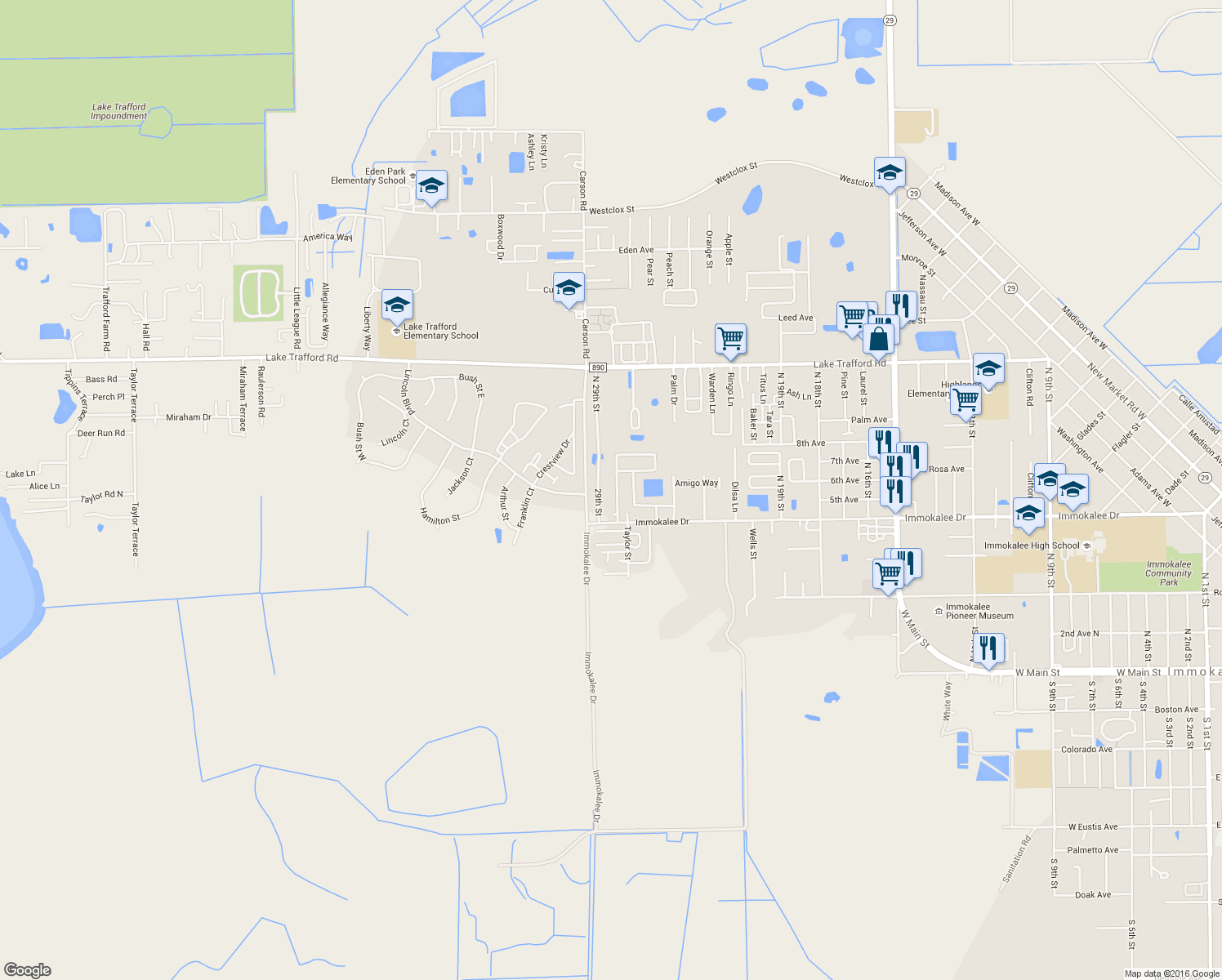 map of restaurants, bars, coffee shops, grocery stores, and more near 756 El Paso Trail in Immokalee