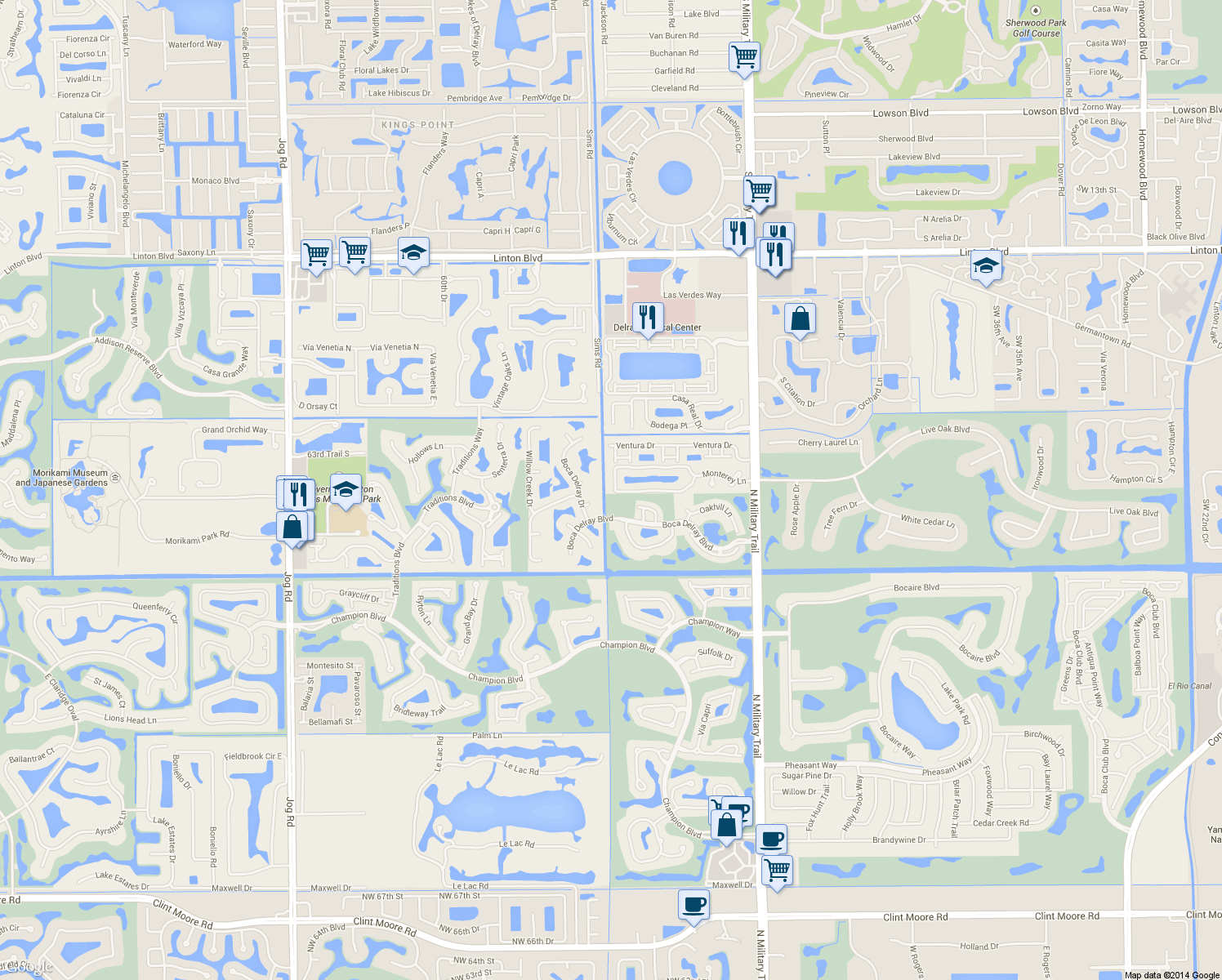 map of restaurants, bars, coffee shops, grocery stores, and more near 5374 Monterey Circle in Delray Beach