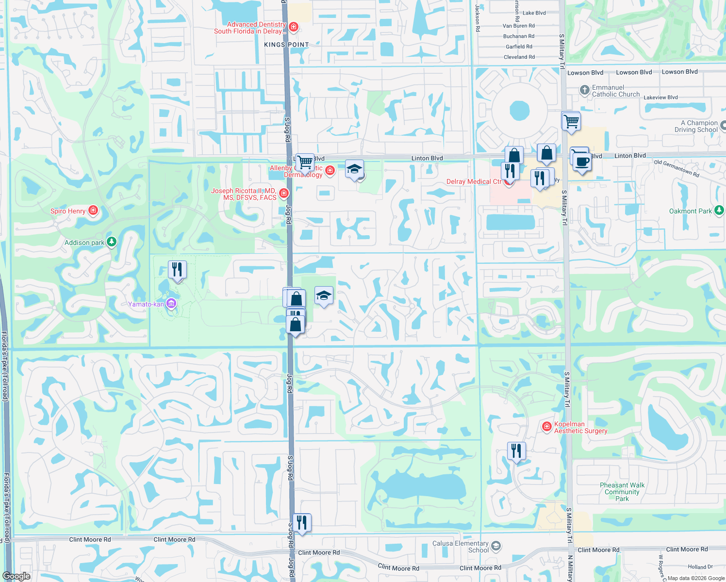 map of restaurants, bars, coffee shops, grocery stores, and more near 16701 Echo Hollow Cir in Delray Beach