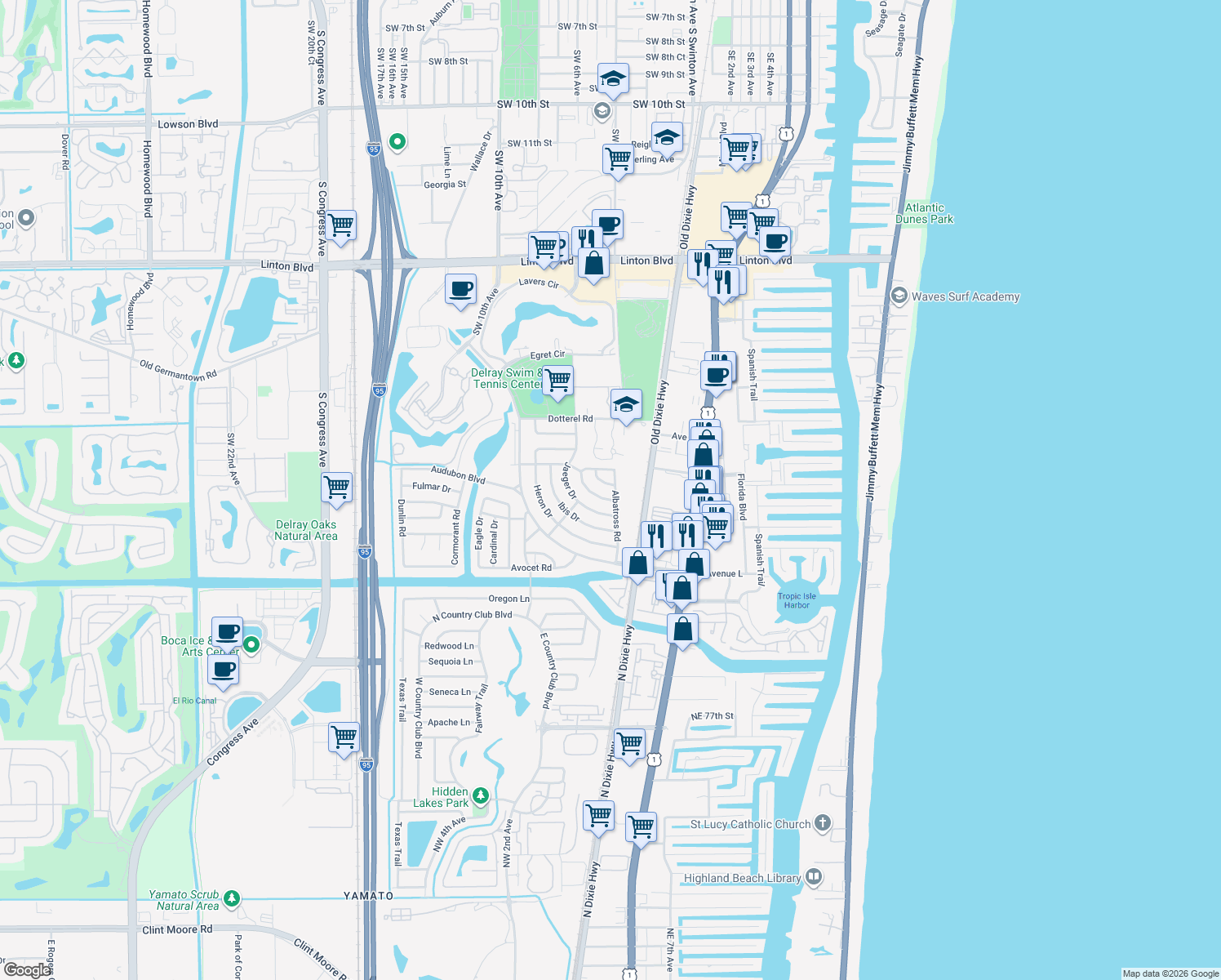 map of restaurants, bars, coffee shops, grocery stores, and more near 518 Linnet Circle in Delray Beach