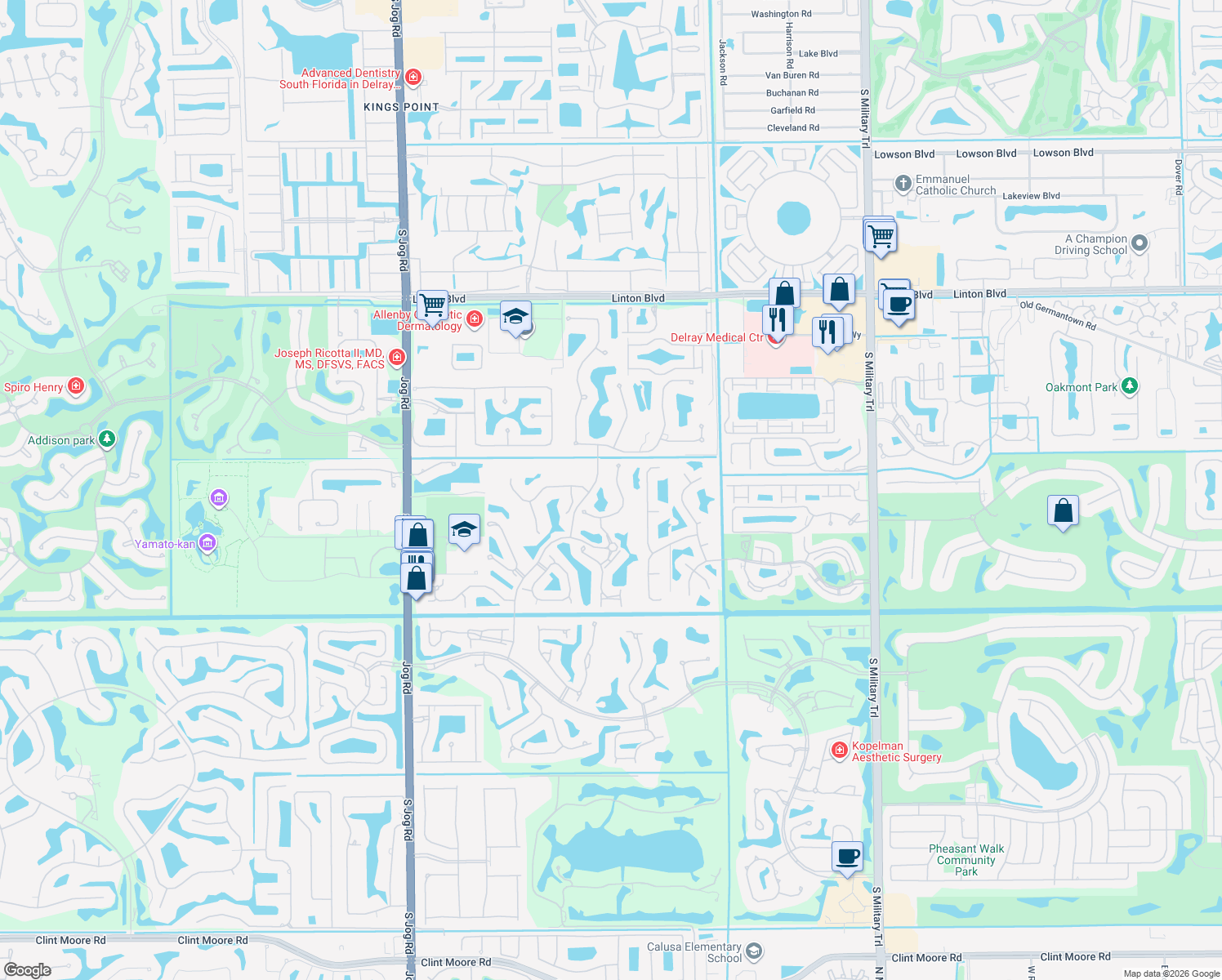 map of restaurants, bars, coffee shops, grocery stores, and more near 16569 Senterra Dr in Delray Beach