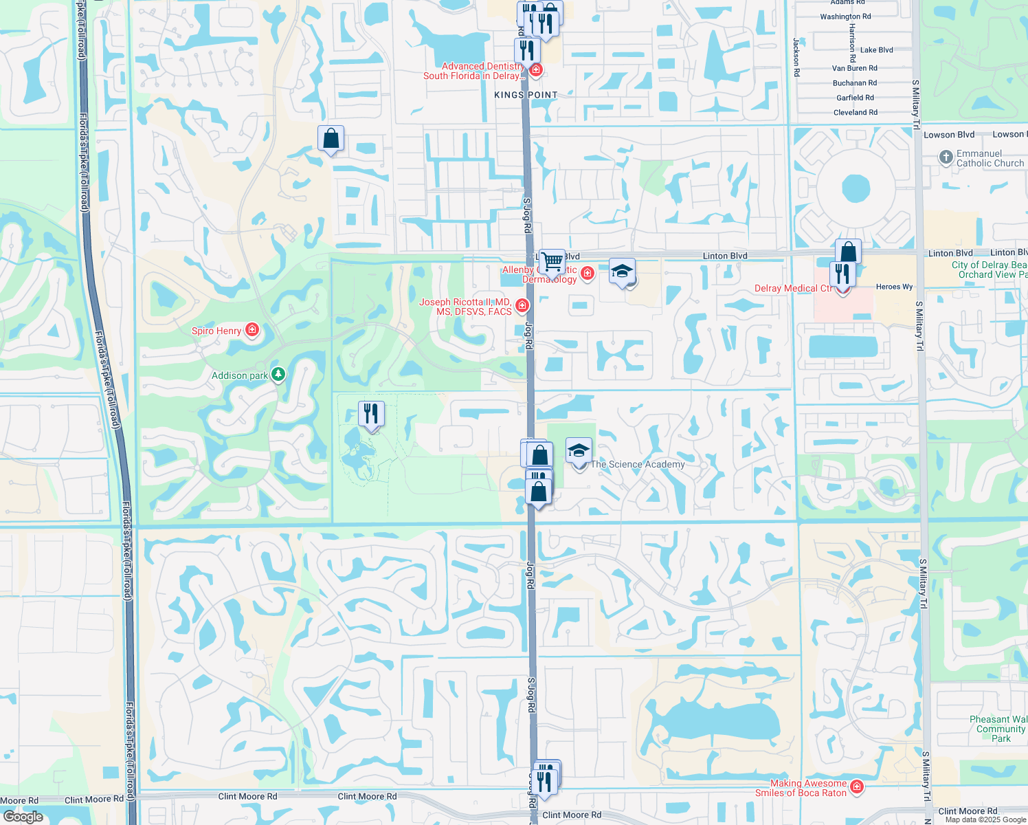 map of restaurants, bars, coffee shops, grocery stores, and more near 16539 White Orchid Lane in Delray Beach