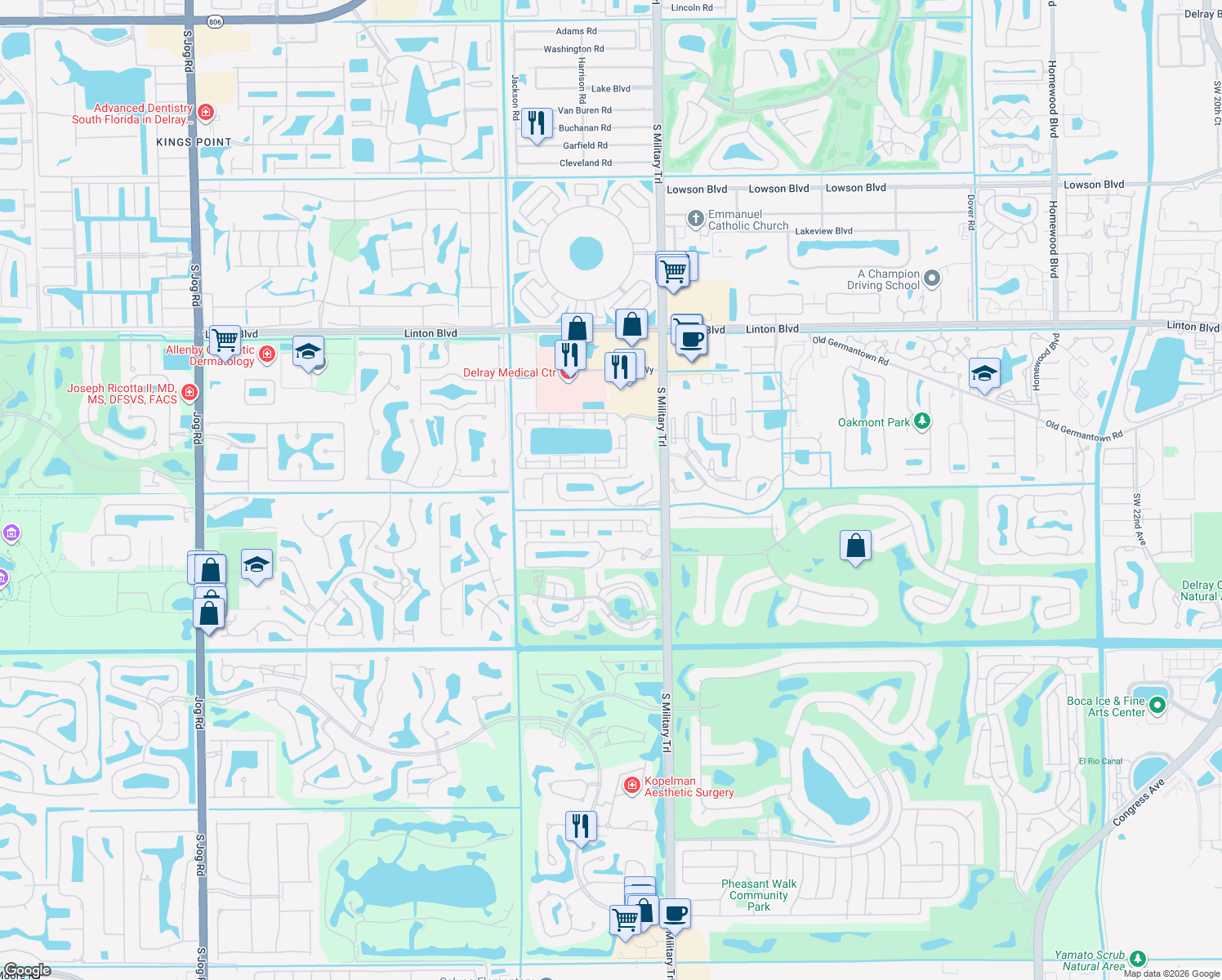 map of restaurants, bars, coffee shops, grocery stores, and more near 5191 Casa Real Drive in Delray Beach